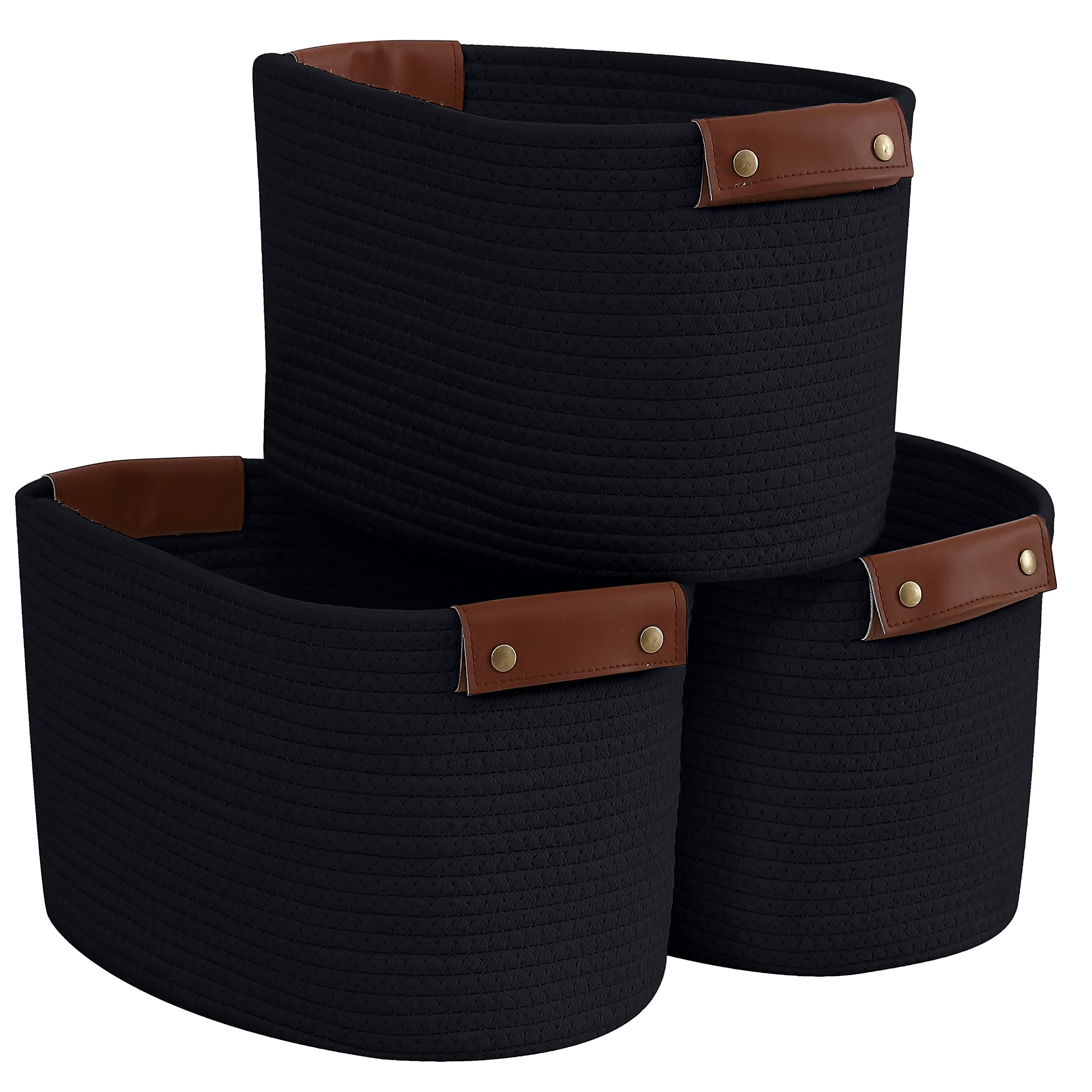 Organizix 3 Pack Woven Cotton Rope Storage Basket, 15x10x9, Black