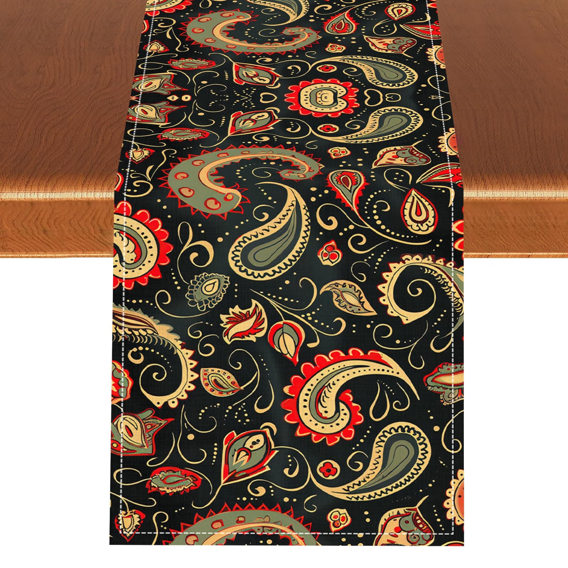 Vintage Floral Table Runner, Black Boho Ethnic Tribal Style Paisley Floral Ikat Pattern Rustic Table Dresser Scarves Table Setting Decor for Garden Farmhouse Dining Kitchen Table Decoration 13x72