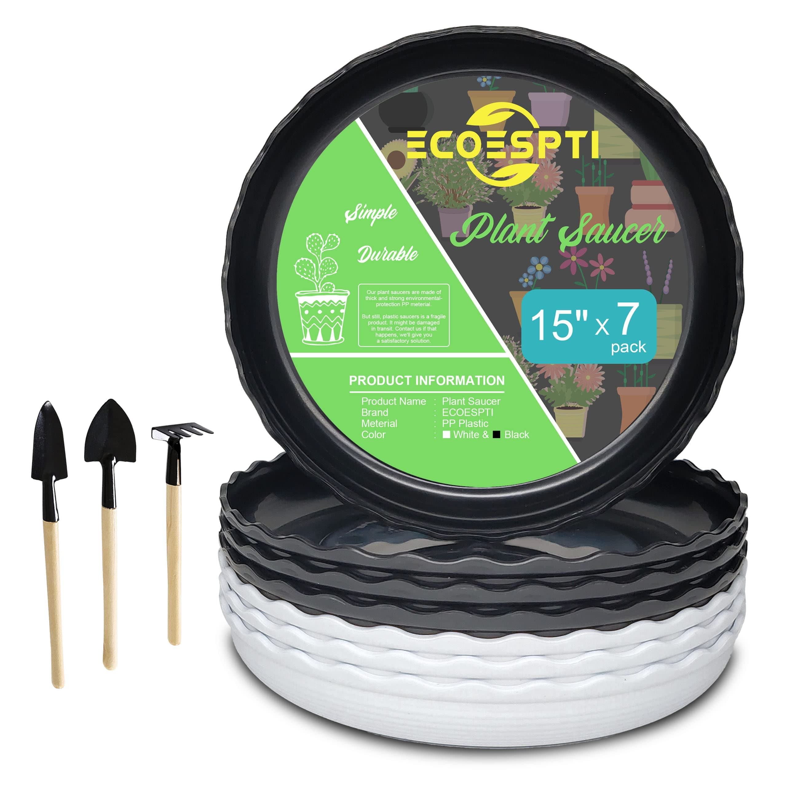 ECOESPTI Plant Saucer, 7 Pack 8 10 12 14 15 Inch Durable Plastic Plant Trays for Pots, White & Black Round Plant Pot Saucers, Drip Tray for Indoor and Outdoor Garden (15", for 12 13 Inch Pot)