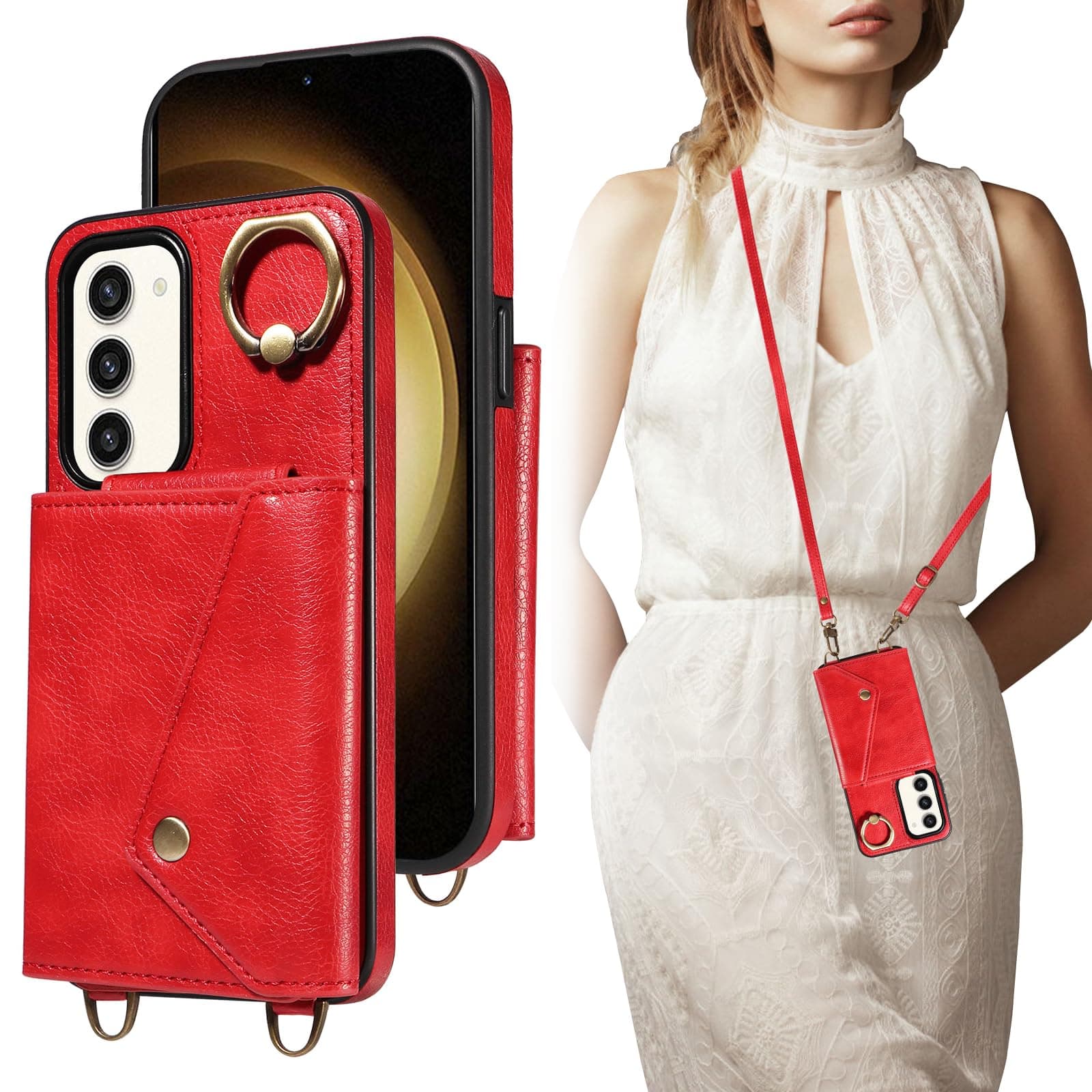 YIRRANZD Crossbody Wallet Case for Samsung Galaxy S23 Plus with Card Holder, Leather Case with Long Shoulder Strap, Purse Shockproof Flip Cover for Samsung S23 Plus (Red)