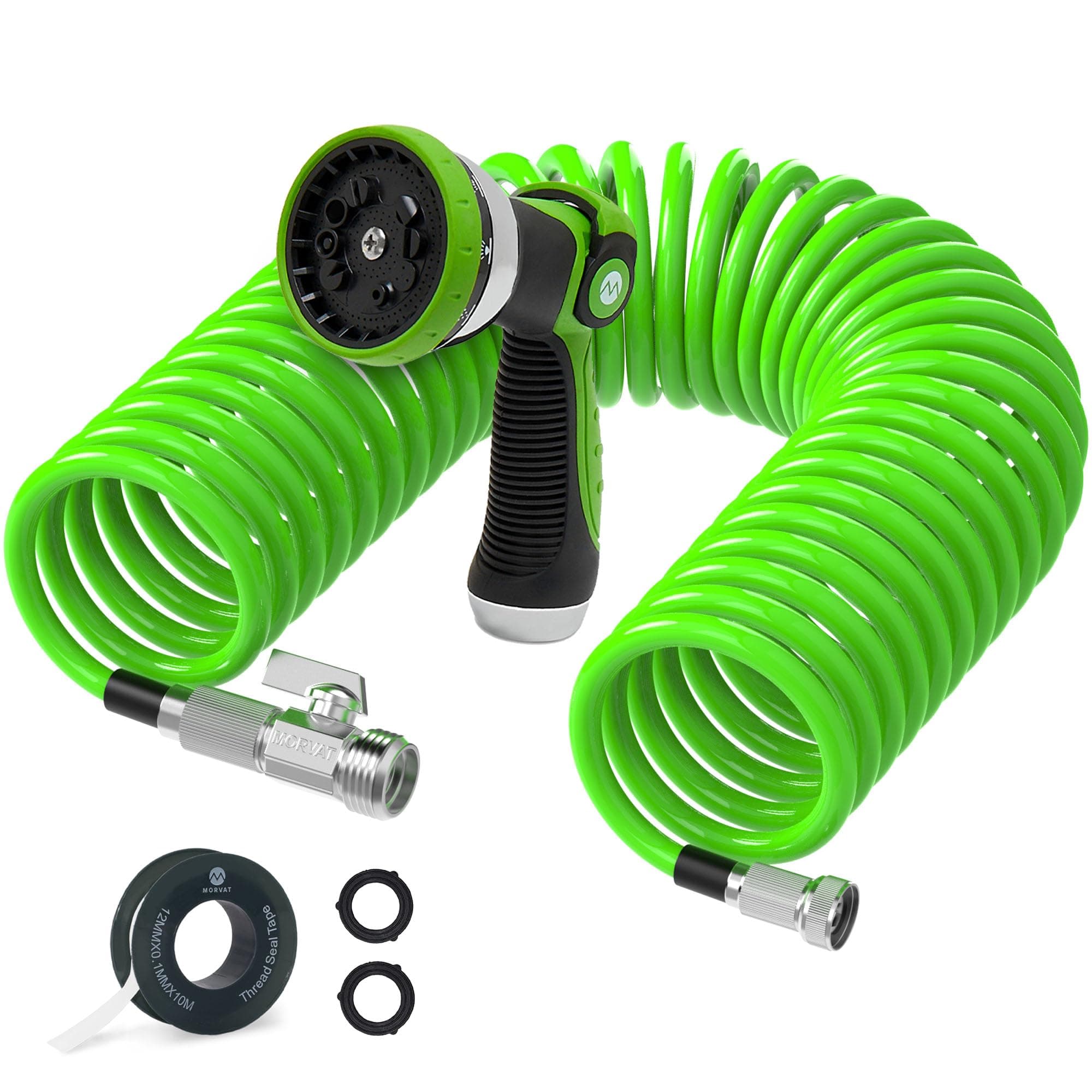 Morvat 50 FT Flexible Coil Garden Hose with ON/OFF Valve, Expandable Spiral Spring Recoil Water Hose with Nickel Plated Brass Fittings, for Boats Yard & RV, Includes 10 Way Sprayer & Teflon Tape