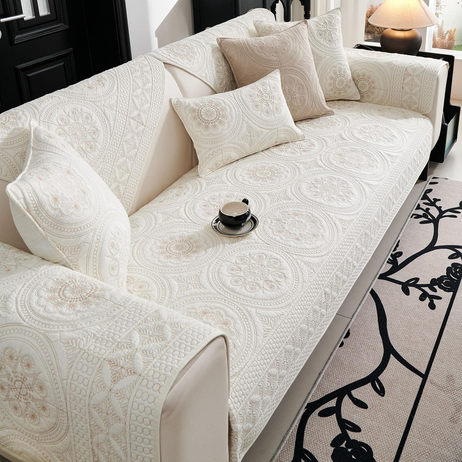 vctops Boho Geometric Embroidery Couch Cover Soft Cotton Quilted Anti Slip Sectional Couch Covers Washable Sofa Slipcover for Dogs, Children, Pets Furniture Protector (Cream,28"x47")