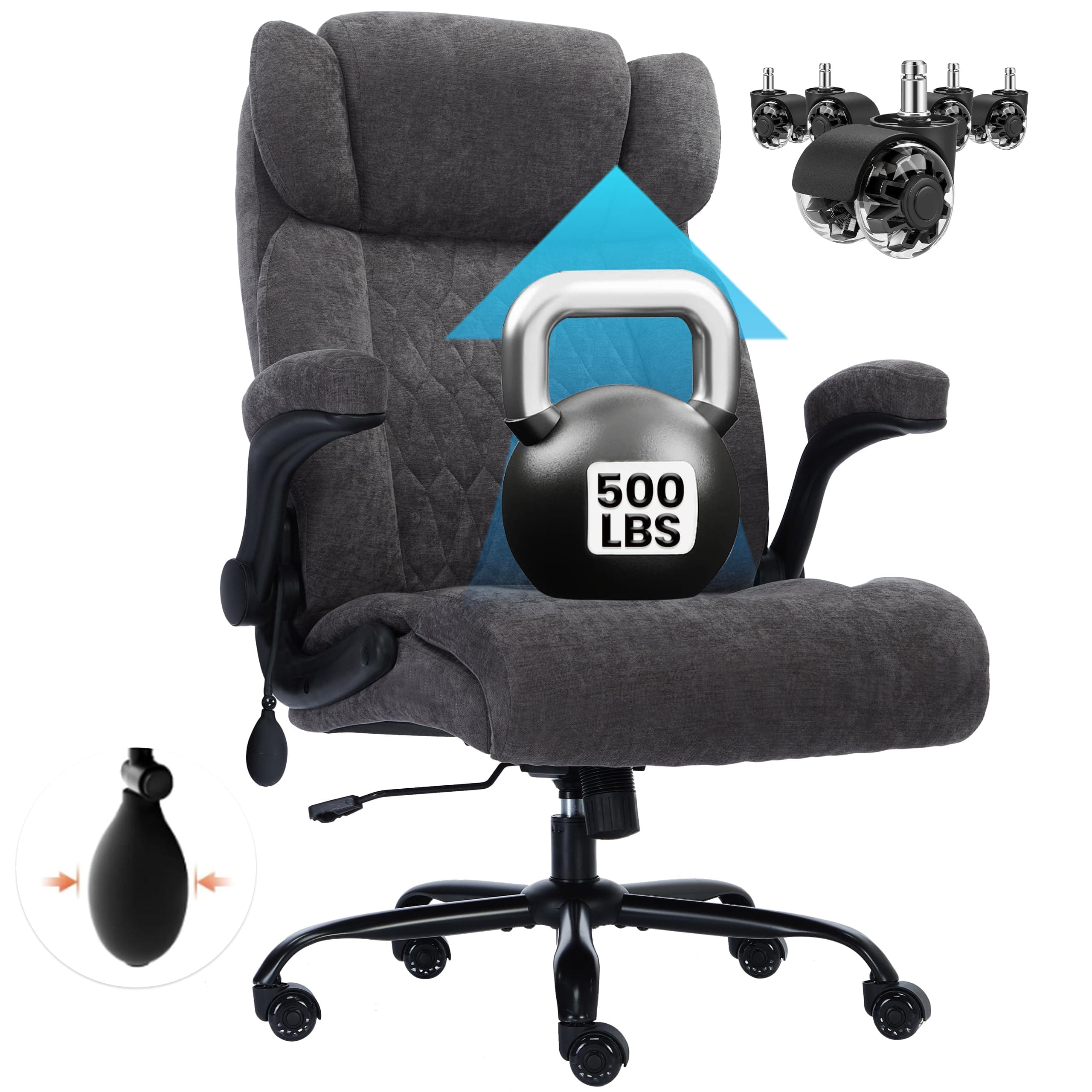 500lbs Big and Tall Office Chair Adjustable Lumbar Support for Back Pain, Extra Wide Seat Executive Office Chair Thick Armrest Pad, Heavy Duty Base Ergonomic Computer Desk Chair