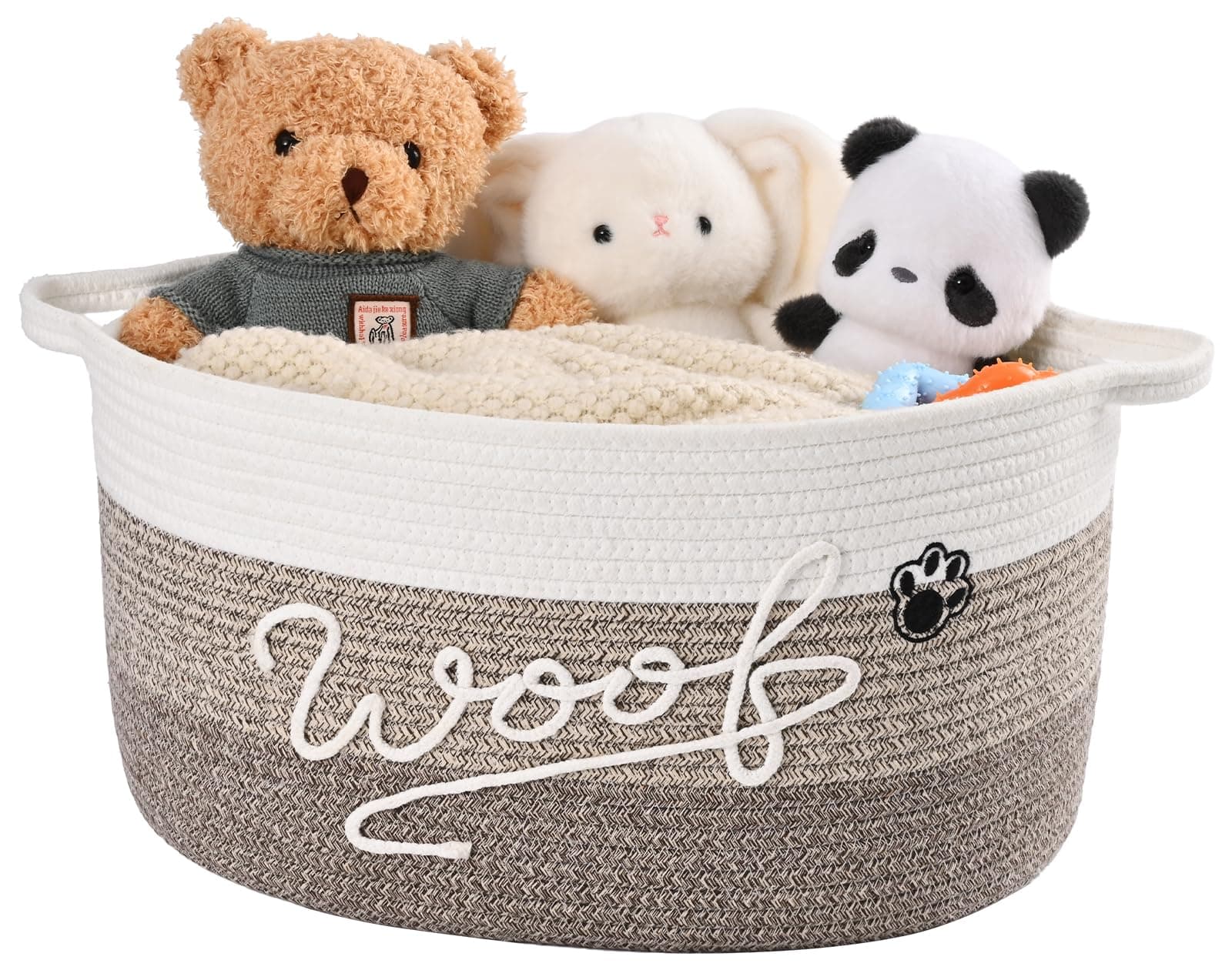 Degeyoyo 30L Woof Dog Toy Basket with Handles, Large Dog Toy Storage Bin with Paw Print, Woven Dog Basket for Blankets, Toys, Chews, Pet Toy Box for Nursery, Living Room, Bedroom, 17”x12”x9, Brown