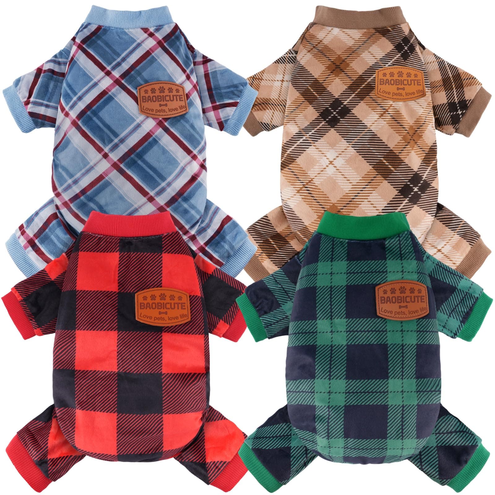 4 Pack Dog Pajamas Soft Lightweight Dog Recovery Suit Onesie Clothes for Small Medium Female Boys Girls Dogs Cats (L (Back: 14",Chest: 18", Neck: 10.6"), Red Green Khaki Plaid)