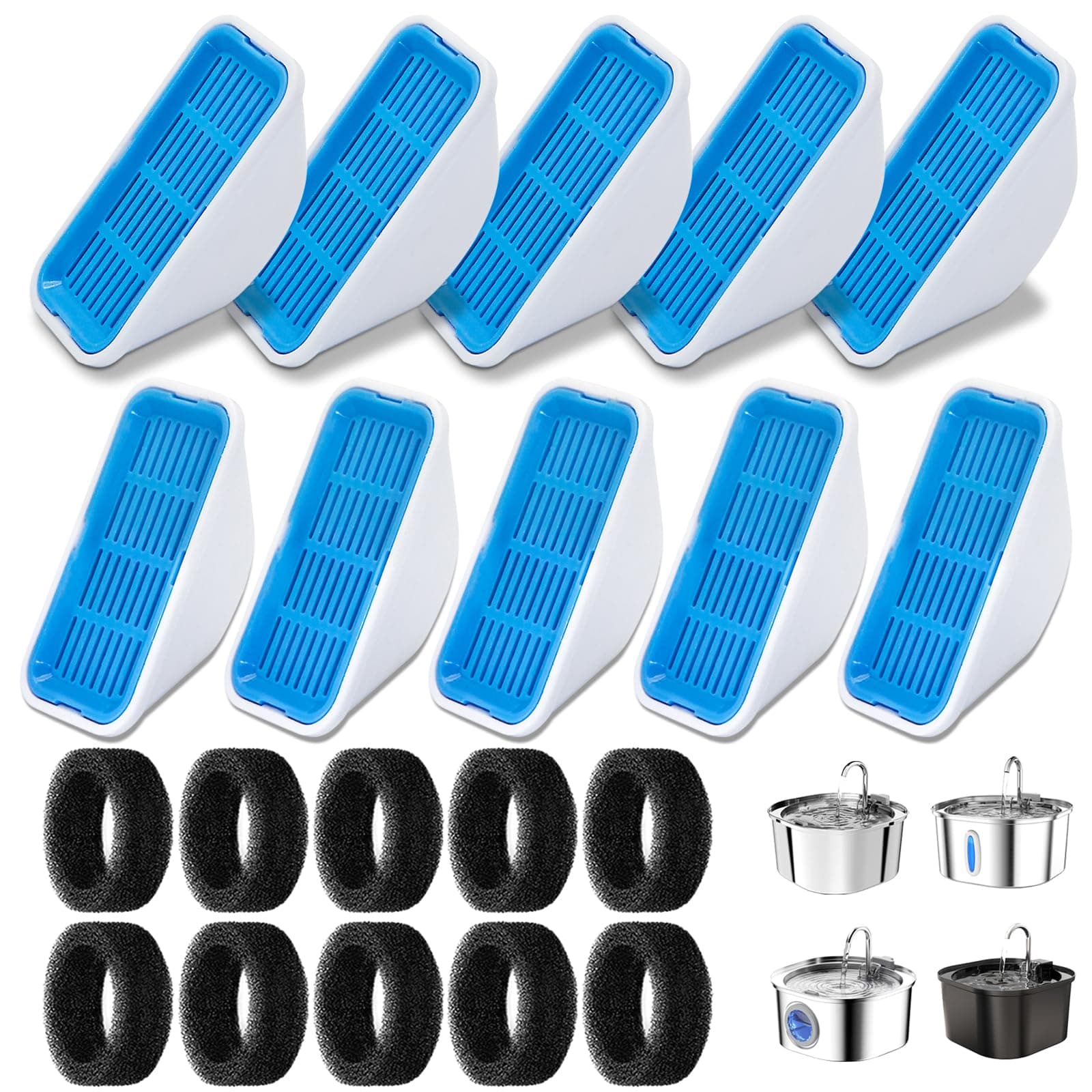 Replacement Filters for 3.2L/2.5L Cat Water Fountain, 10-Pack Filters and10 Pre-Filter Sponges, Multi-Layer Filtration System for Pet Fountain, Removes Impurities and Odors