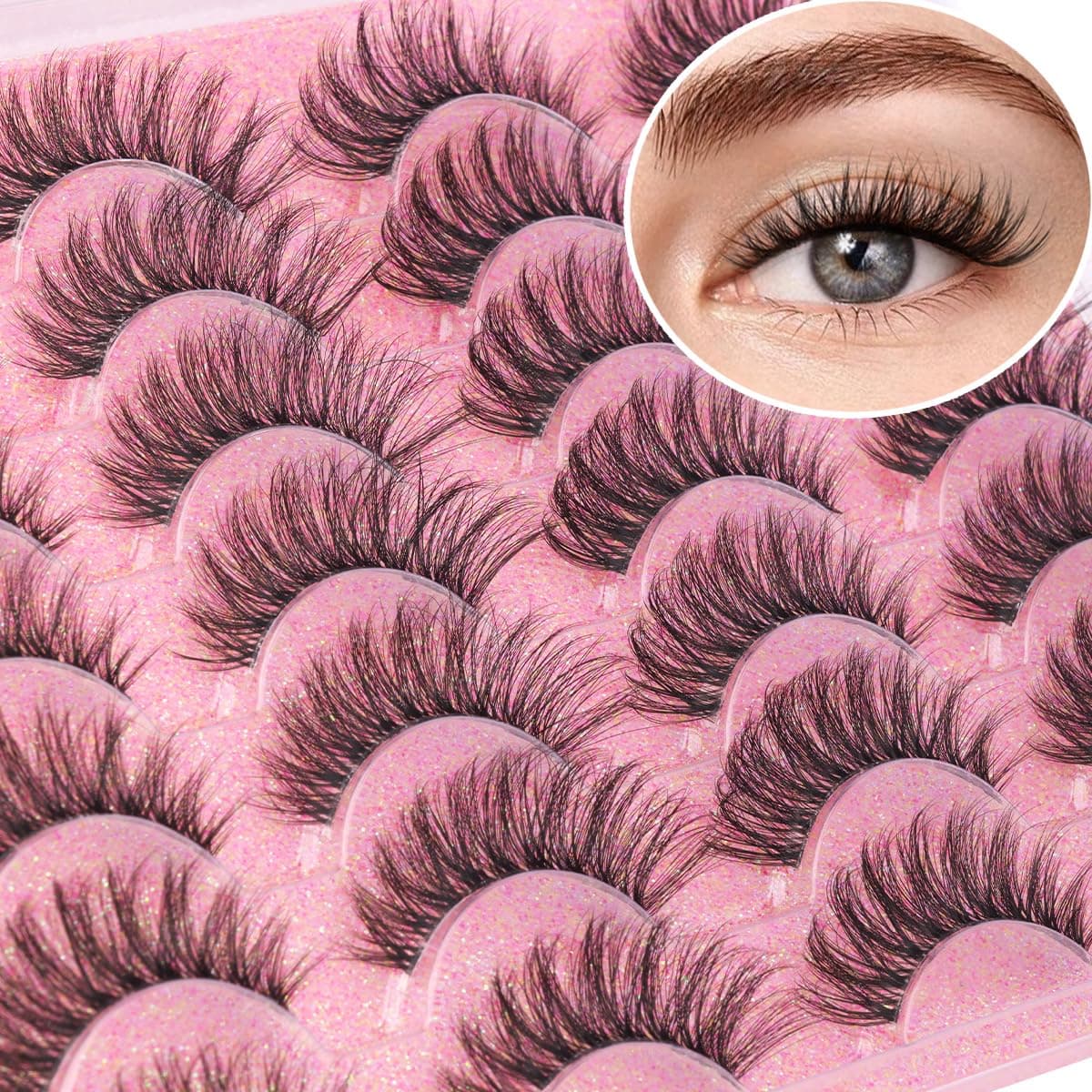 Kiromiro Natural Look Faux Mink Eyelashes Wispy Clear Band Lashes Fluffy 16mm Natural False Lashes Cat Eye Short Strip Lashes Pack 14 Pairs