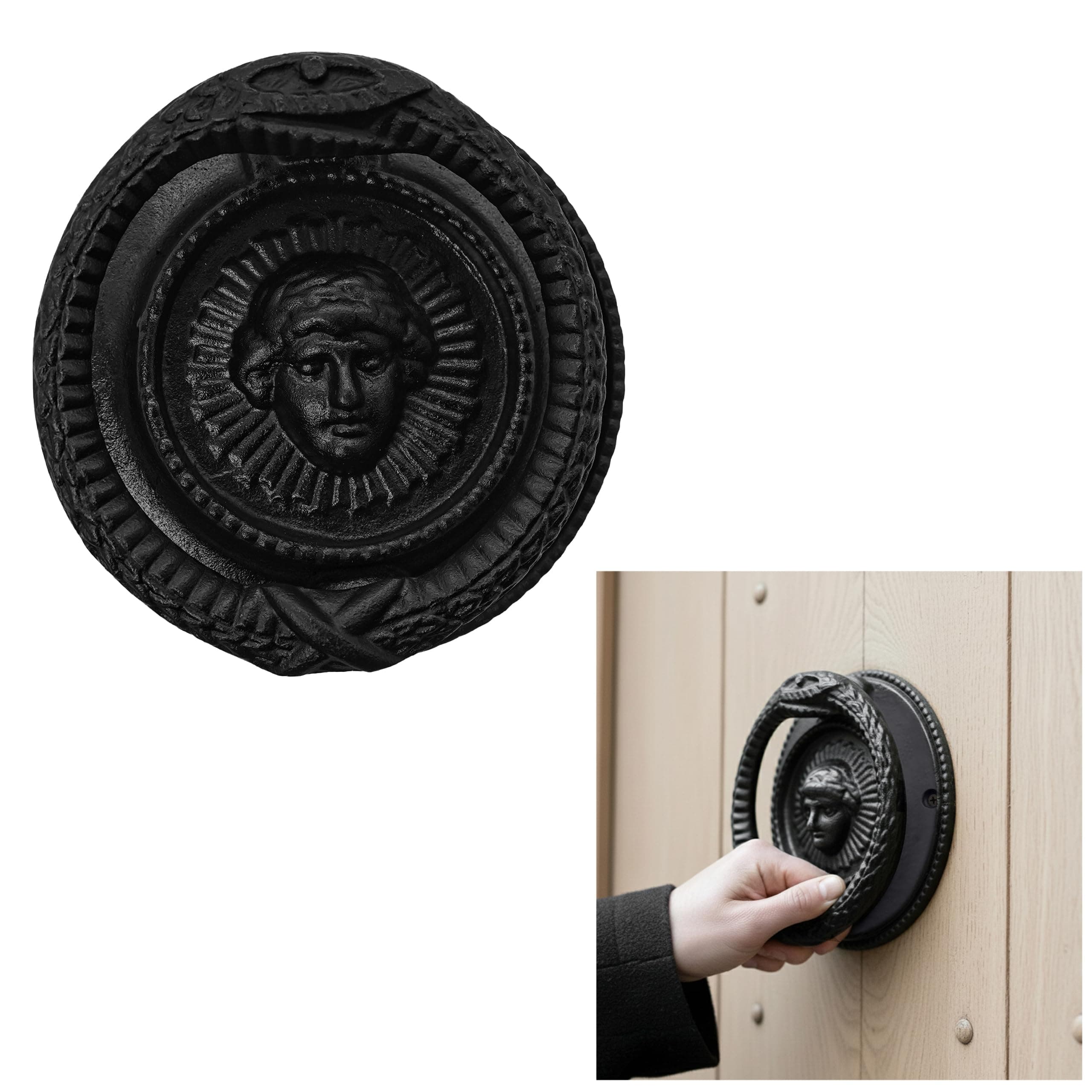 SaKeGa Black Vintage Medusa Head Circle Solid Decorative Front Door Artisan Made Antique Knocker, 5.5" x 4.7" - Black