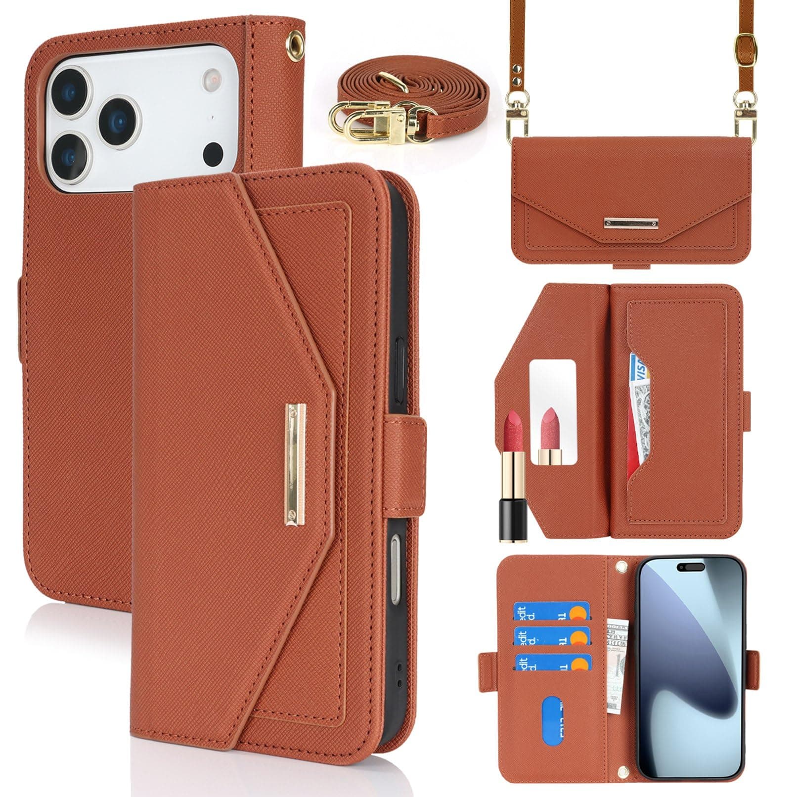 Crossbody Wallet for iPhone 17 Pro Max Case with Strap,6.9",Brown