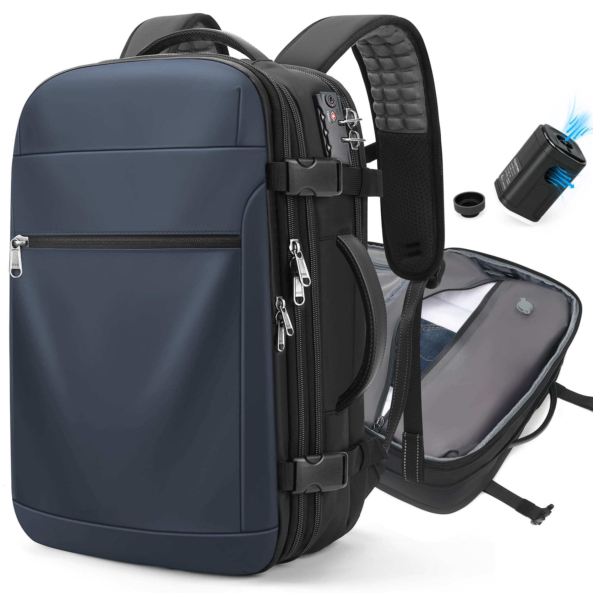 POSO Vacuum Backpack Travel, 60L Expandable Vacuum Seal Backpack with Pump & Laptop Compartment (Fits 17"), Navy Blue, Vacuum Enabled, With Air Pump