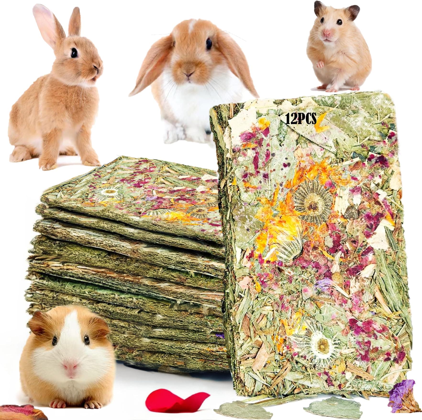GREMBEB Rabbit Chew Toys 12pcs Timothy Hay Treats Bunny Herbal Flower Snack