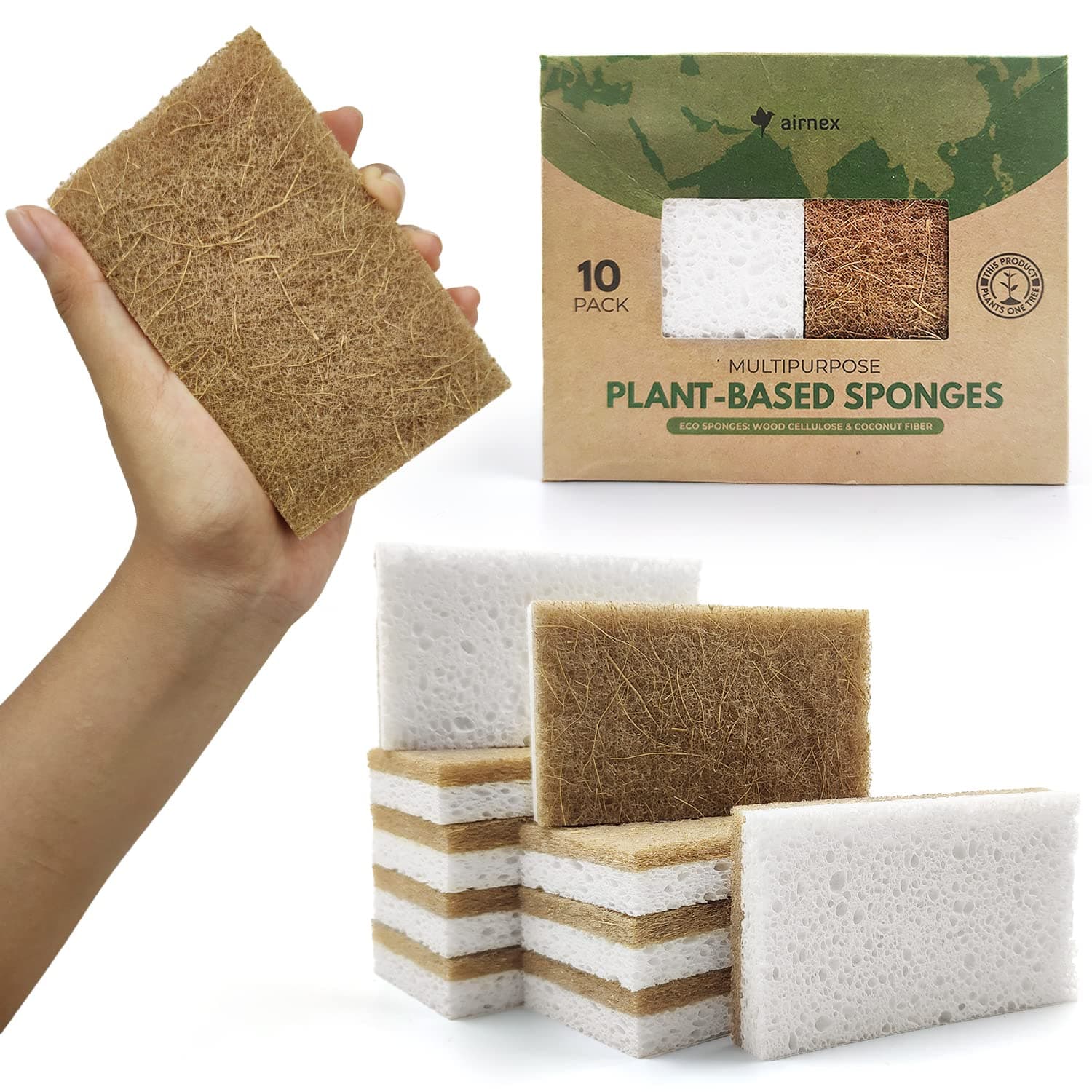 AIRNEX 6 Pack Natural Sponges for Dishes - Biodegradable Sponges for Kitchen - Plant Based Cellulose & Coconut Natural Dish Sponge - Non Toxic Eco Friendly Sponges, Non Scratch Kitchen Scrubber