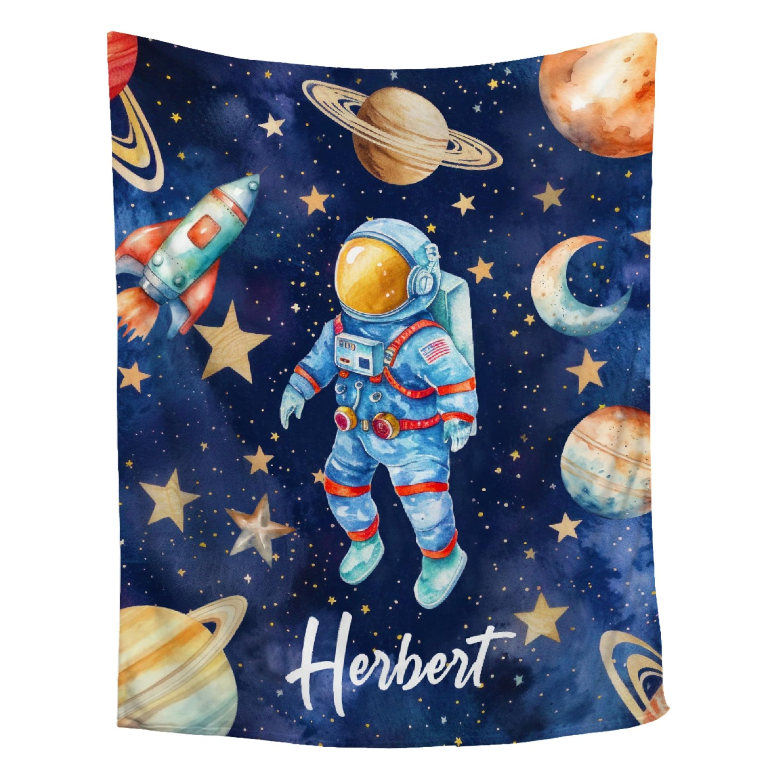 Personalized Baby Blankets for Girls Boys Astronaut Space Custom Baby Blanket with Name for Kids Nursery Toddlers Soft Flannel Throw Blanket for Newborn Infant Custom Gifts for Birthday Baby Shower