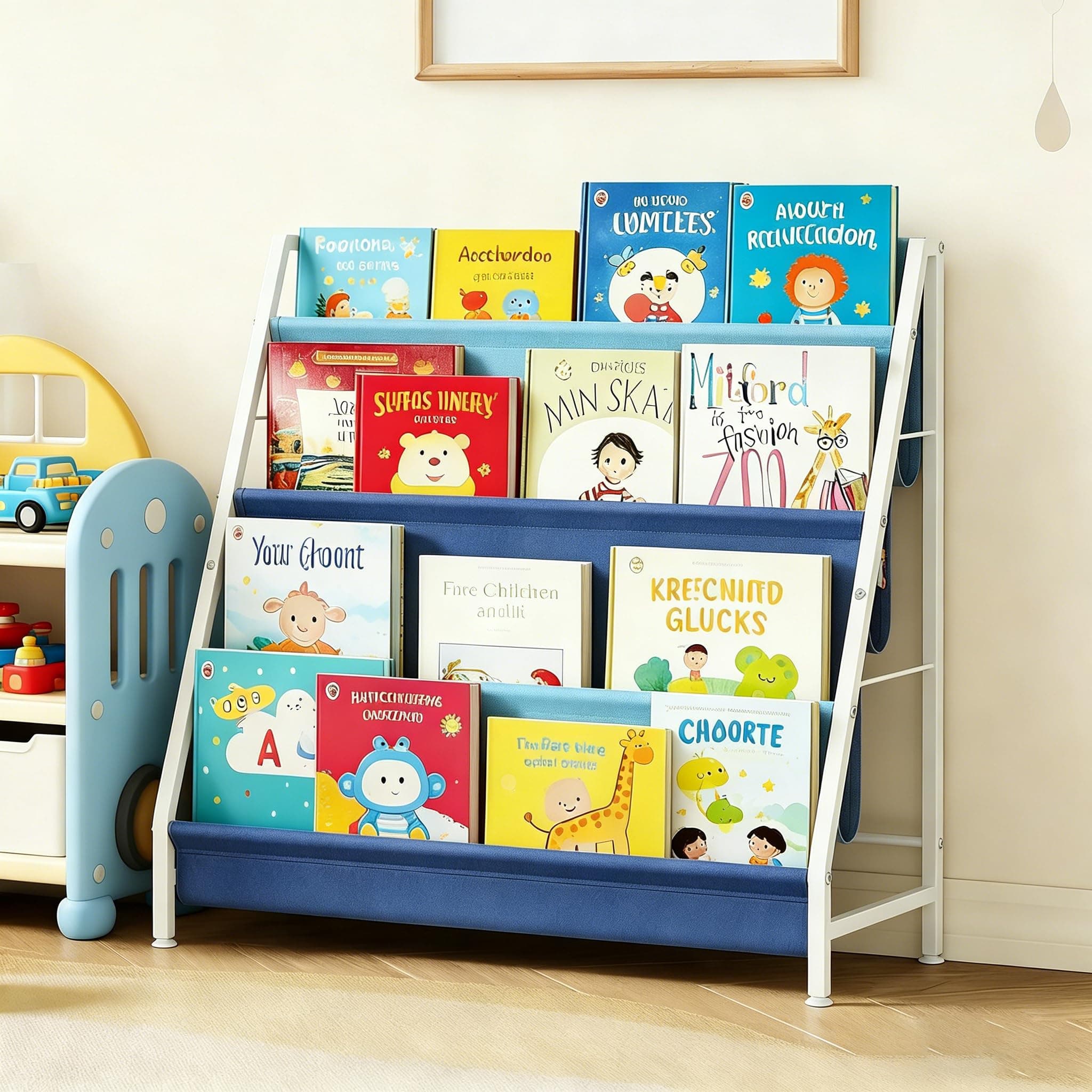 Vlony Kids Bookshelf,4-Tier,Step-Style Nursery Book Rack,Blue