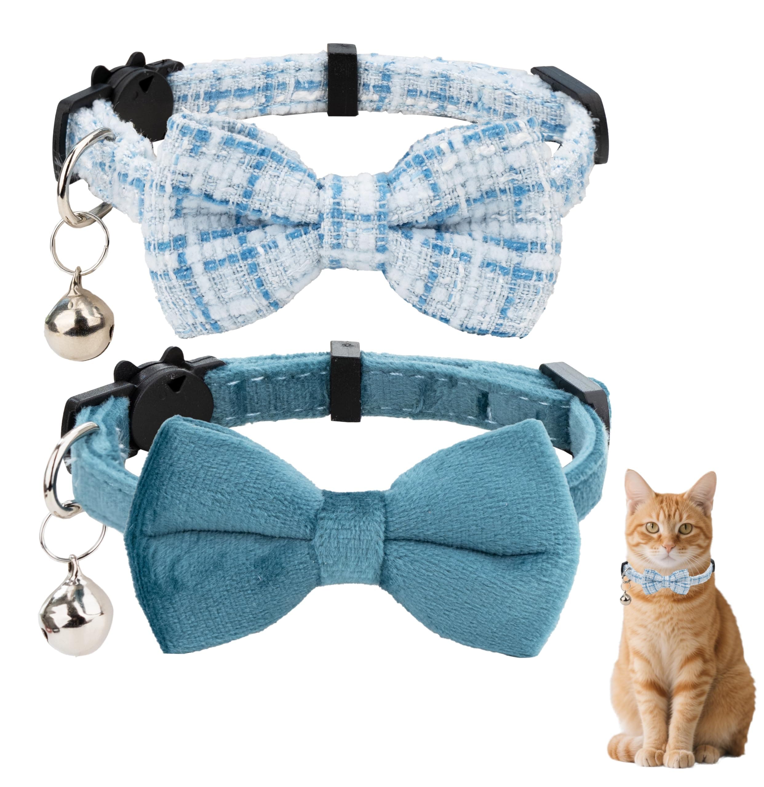 Gyapet Cat Collar with Bow Tie 2pcs Set Bell Boy Girl Kitten Safety Plaid Grid Checkered Solid Color Suede Velvet Cute Soft Fluffy Gift B-[2pcs] Blue