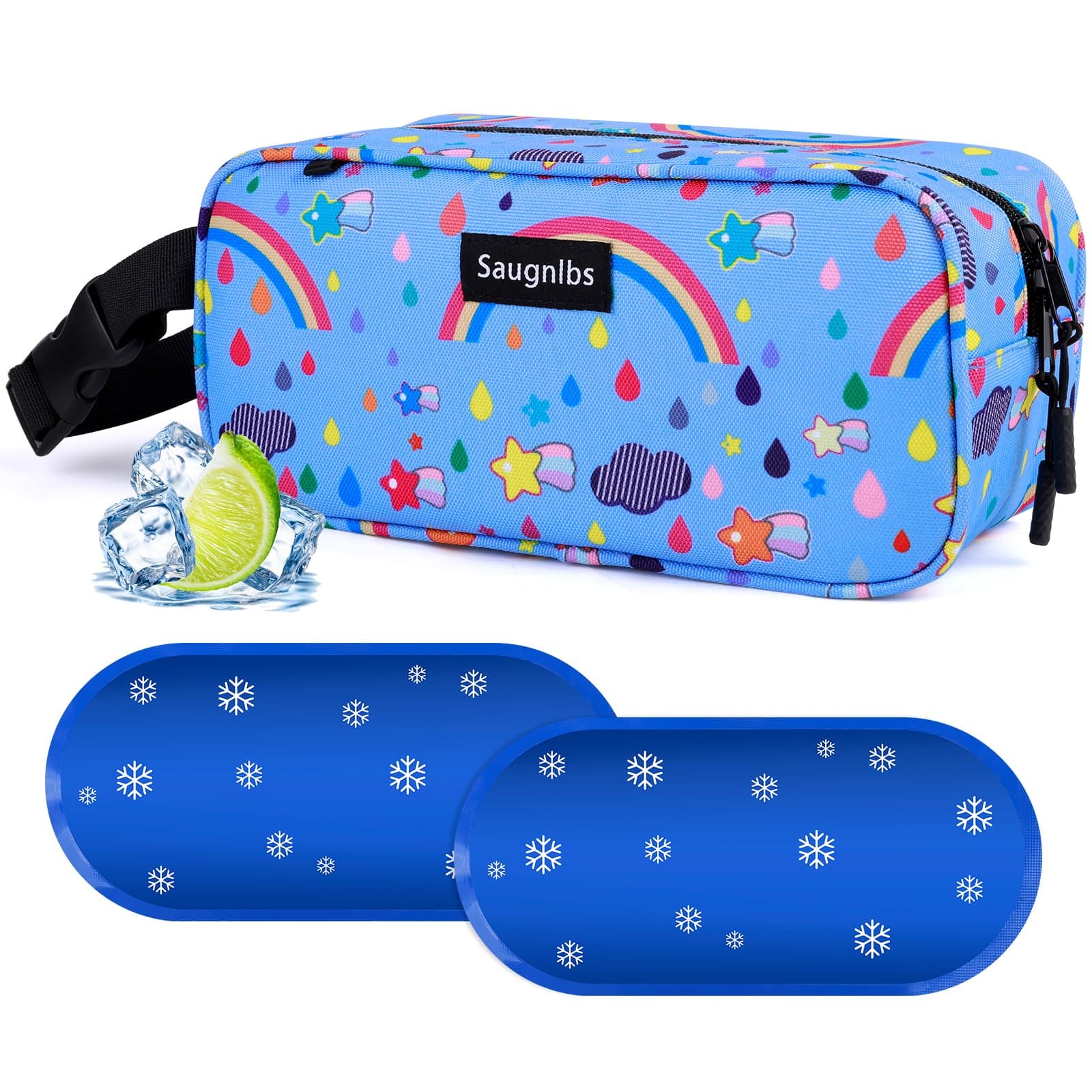 Saugnlbs Small Cooler Bag,Mini Cooler Bag with Ice Packs,Insulated Lunch Bag with Handle Buckle,Freezable Lunch Bag for Travel/Work/School/Outdoors, 10“ x 4.5”x 5”,Rainbow