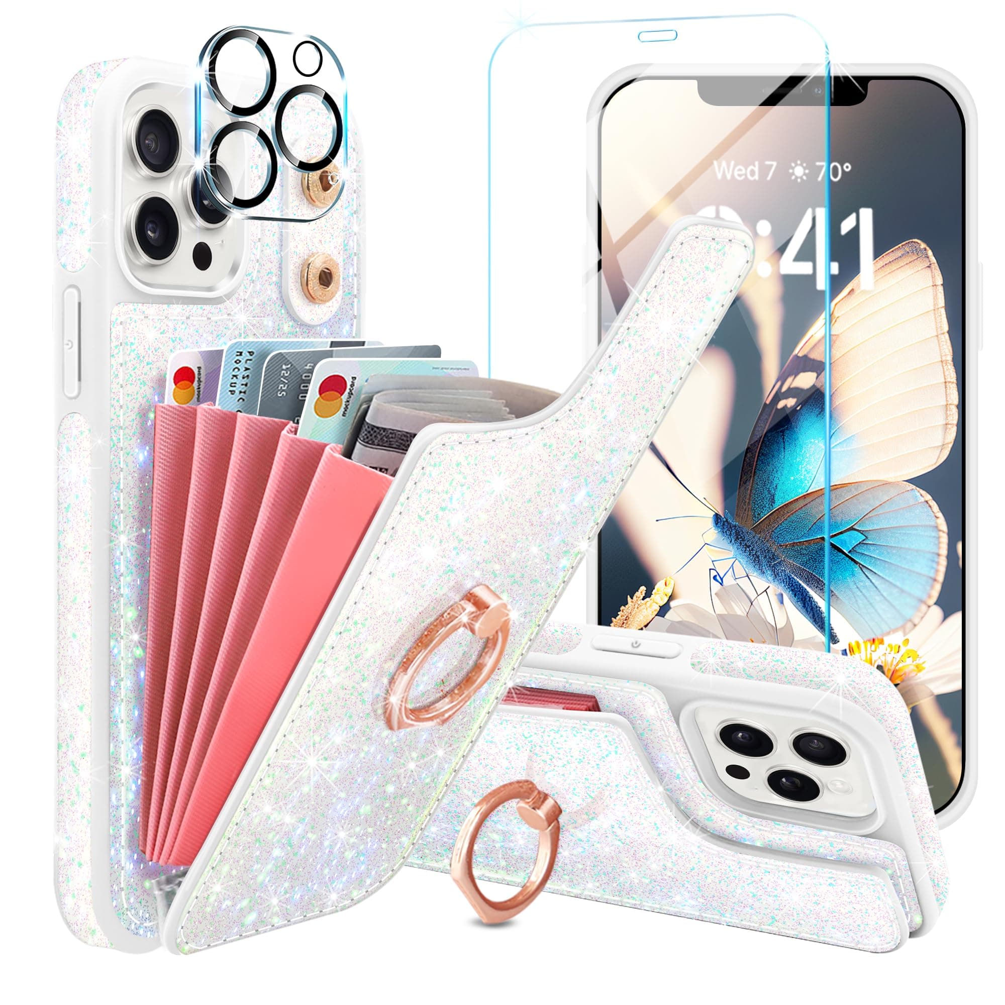 Casewind for iPhone 12 Pro Max Case Wallet with [Screen Protector + Camera Lens Protector] Glitter Bling Cute 5 Card Holder 360°Rotation Ring Kickstand Shockproof Flip Case for iPhone 12 Pro Max,White