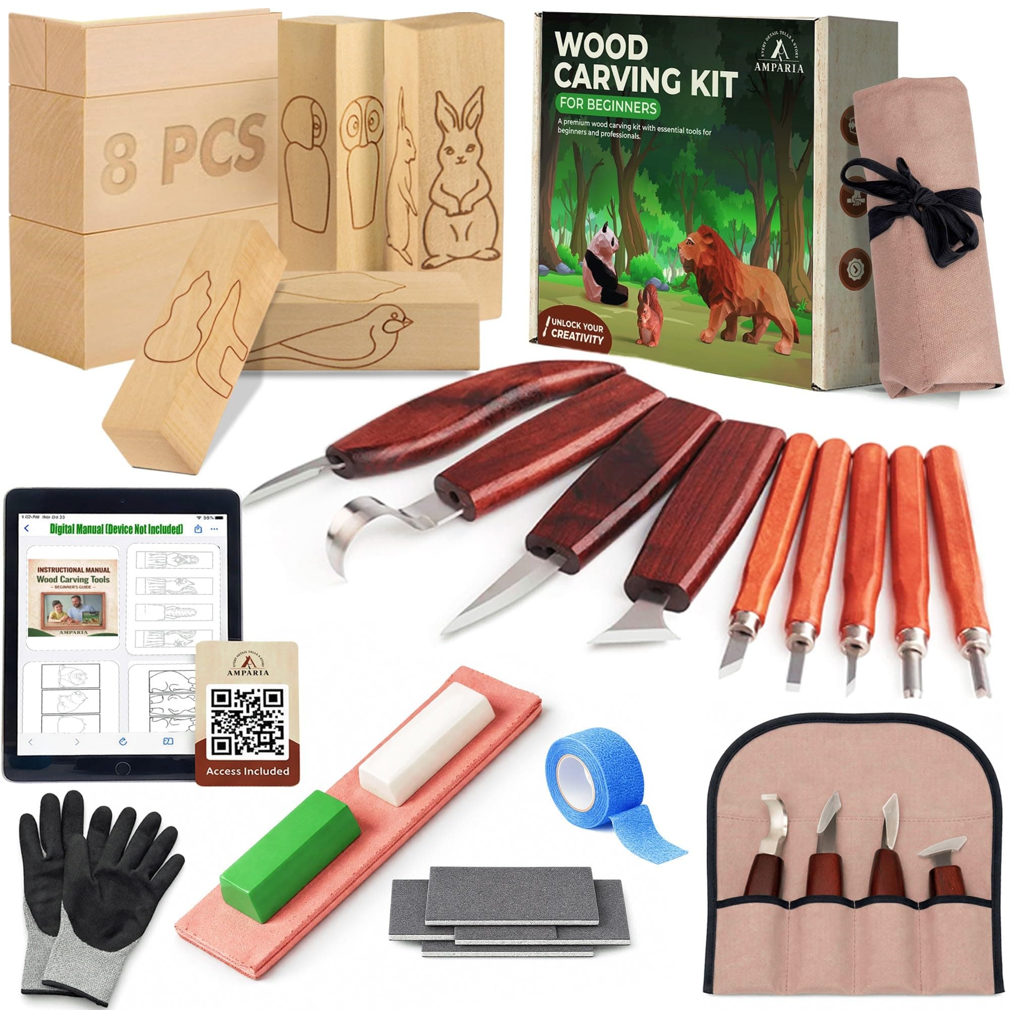 Wood Carving Kit – 28Pcs Whittling Knife Set with 9 Knives, Basswood Blocks w/Carved Guides, Safety Gloves, Whetstone, Stropping Leather & Roll Bag – AMPARIA Premium Tools for Beginner & Professional