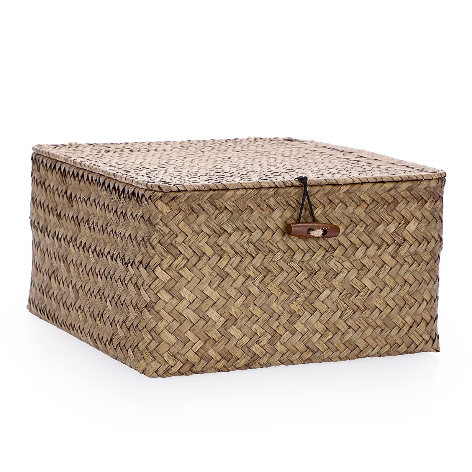 Hipiwe Woven Wicker Storage Bins with Lid Natural Seagrass Basket Boxes Coffee (Meidium,24 * 24 * 12.5cm）