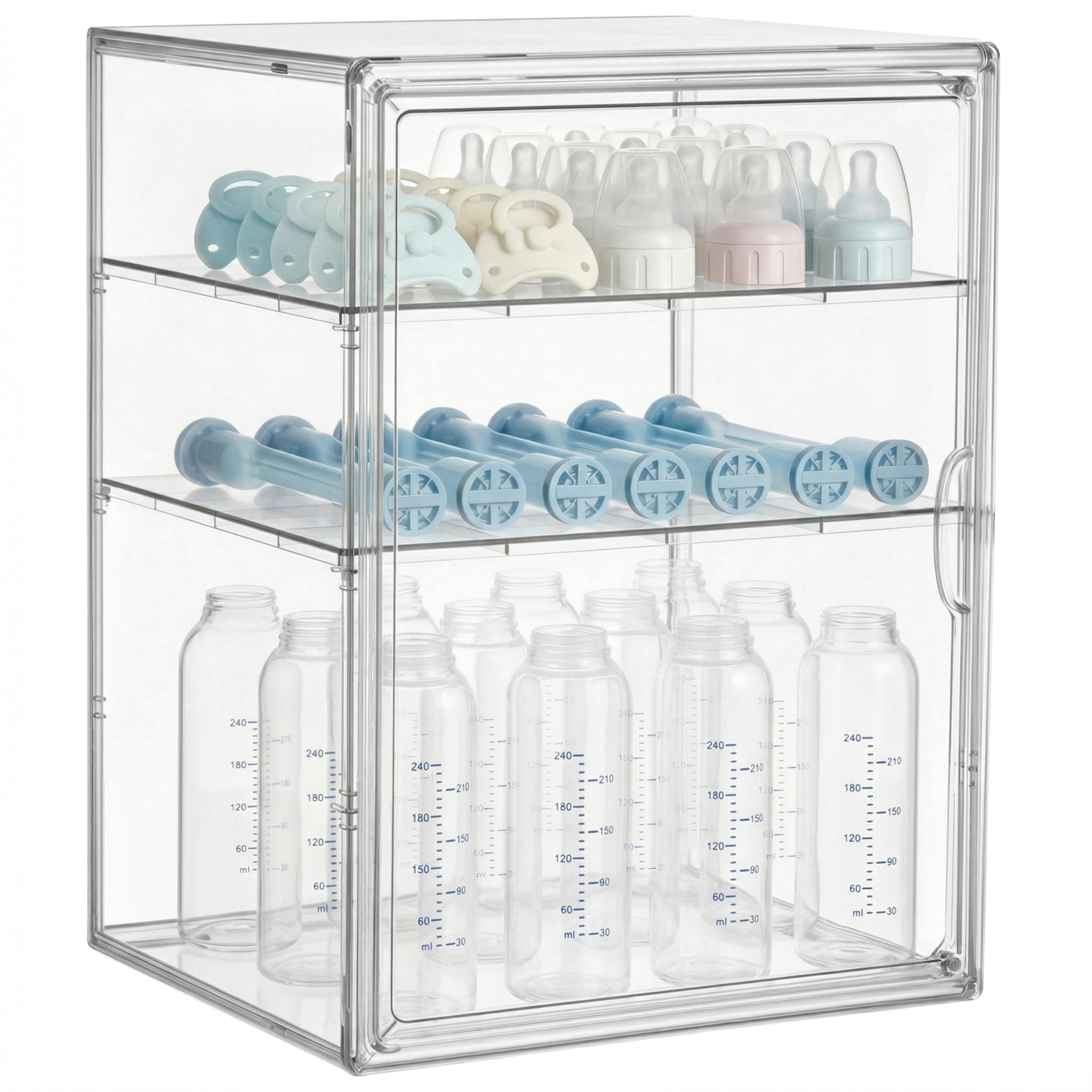 HBlife Baby Bottle Storage Organizer for Countertop Cabinet, 3 Tiers Adjustable Clear Acrylic Bottles Storage Station Case Box Container with 2 Removable Dividers and Magnetic Door, X-Large
