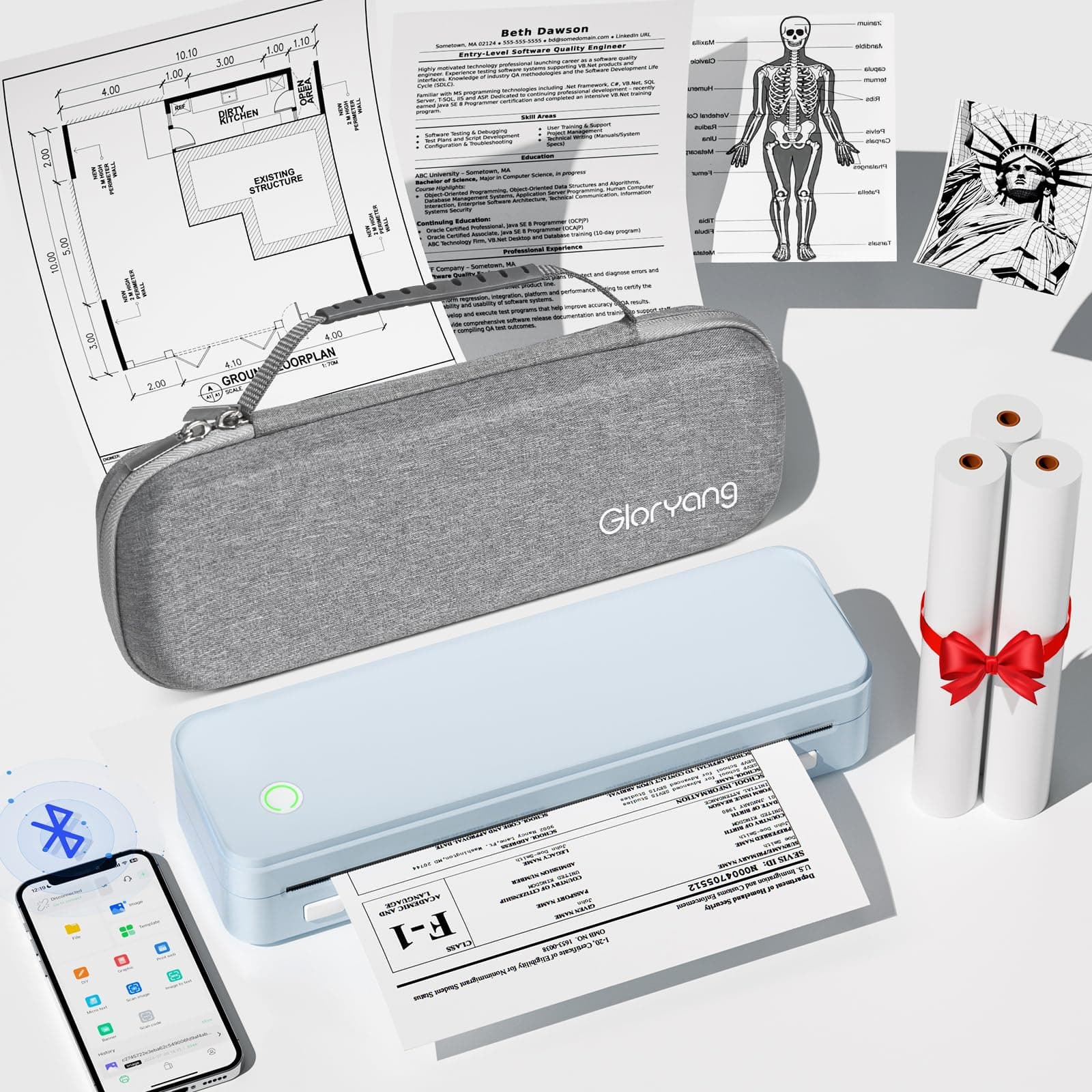 Gloryang Inkless Portable Printer for Travel, Wireless Thermal Printer Supports 8.5 x 11 Inch & A4 Size, Bluetooth Printer Includes Carry Case and 3 Rolls of Thermal Paper Kit, Blue