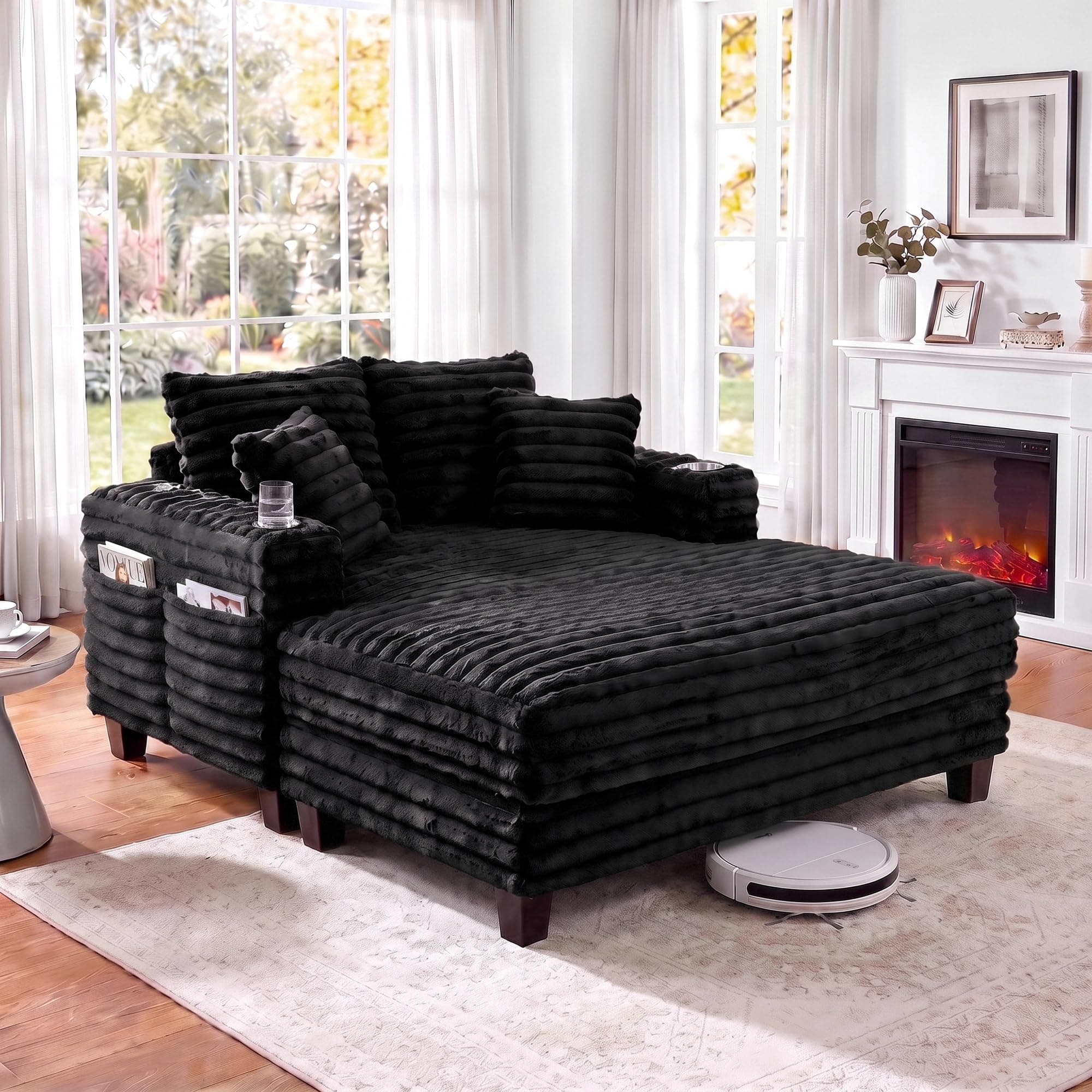 Amsleekey 64" Oversized Chaise Lounge Chair with Wood Frame, 2 Cup Holders