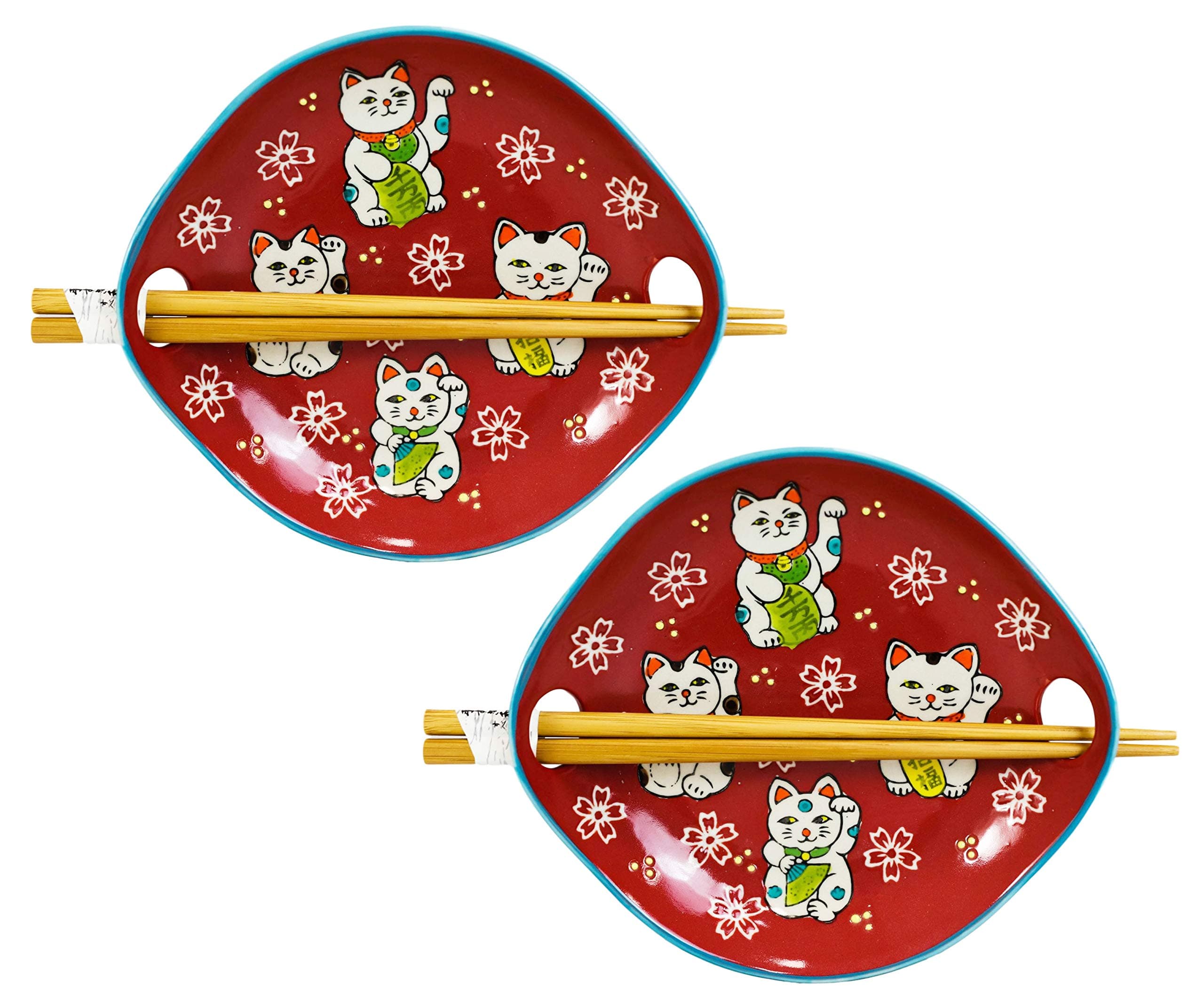 Ebros Red Maneki Neko Lucky Cat Appetizer Snack Serving Coupe Plate Dish With Chopsticks And Built In Rest Set Small Flat Bowl For Hors D'oeuvres Sushi Ice Cream Serveware Plates (2)
