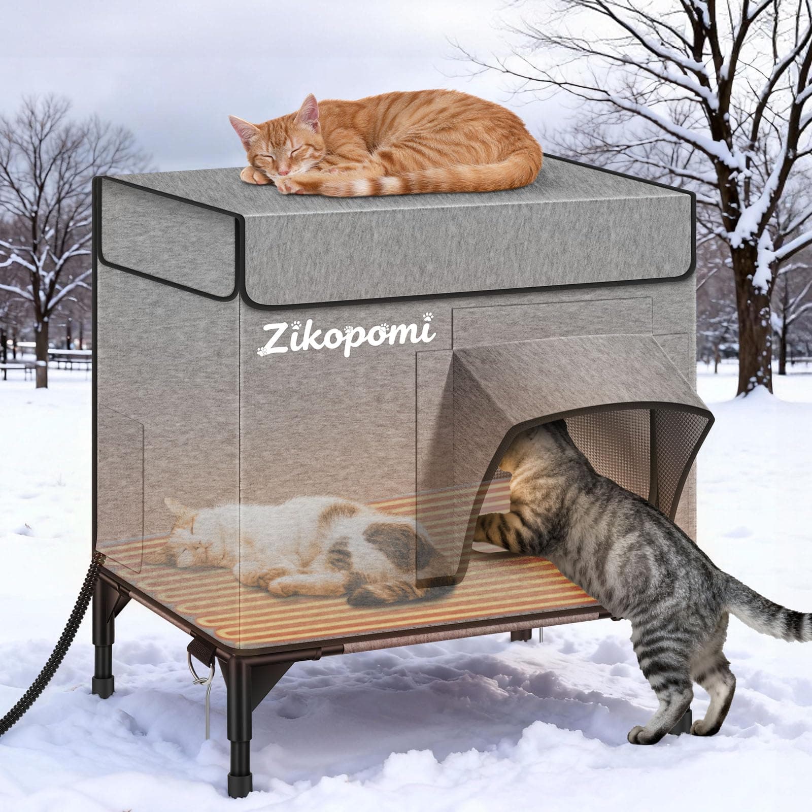 Zikopomi Heated Cat House for Outside with Elevated Base Outdoor Cat House with 2 Safe Escape Doors Cat-Attracting Eave Design Feral Stray Shelter Weatherproof in Winter Garage Yard Porch