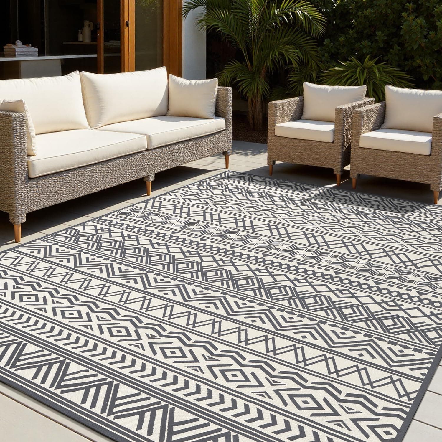 6x9 Outdoor Rug Braided Indoor Outdoor Rugs Carpet Non Slip Outdoor Patio Rug with Rubber Particles Backing, Boho Outdoor Area Rug for Patio Deck Porch Balcony Backyard Living Room, Blackish Grey