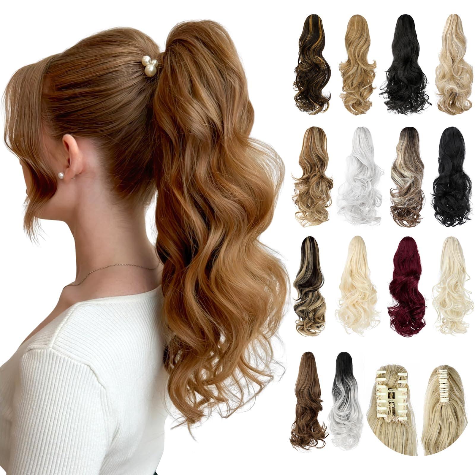 Felendy Ponytail Extension, 18" Claw Clip in Ponytail Extensions Curly Wavy Ponytail Hair Extension Jaw Clip on Long Pony Tails Hairpiece for Women Synthetic Copper Red