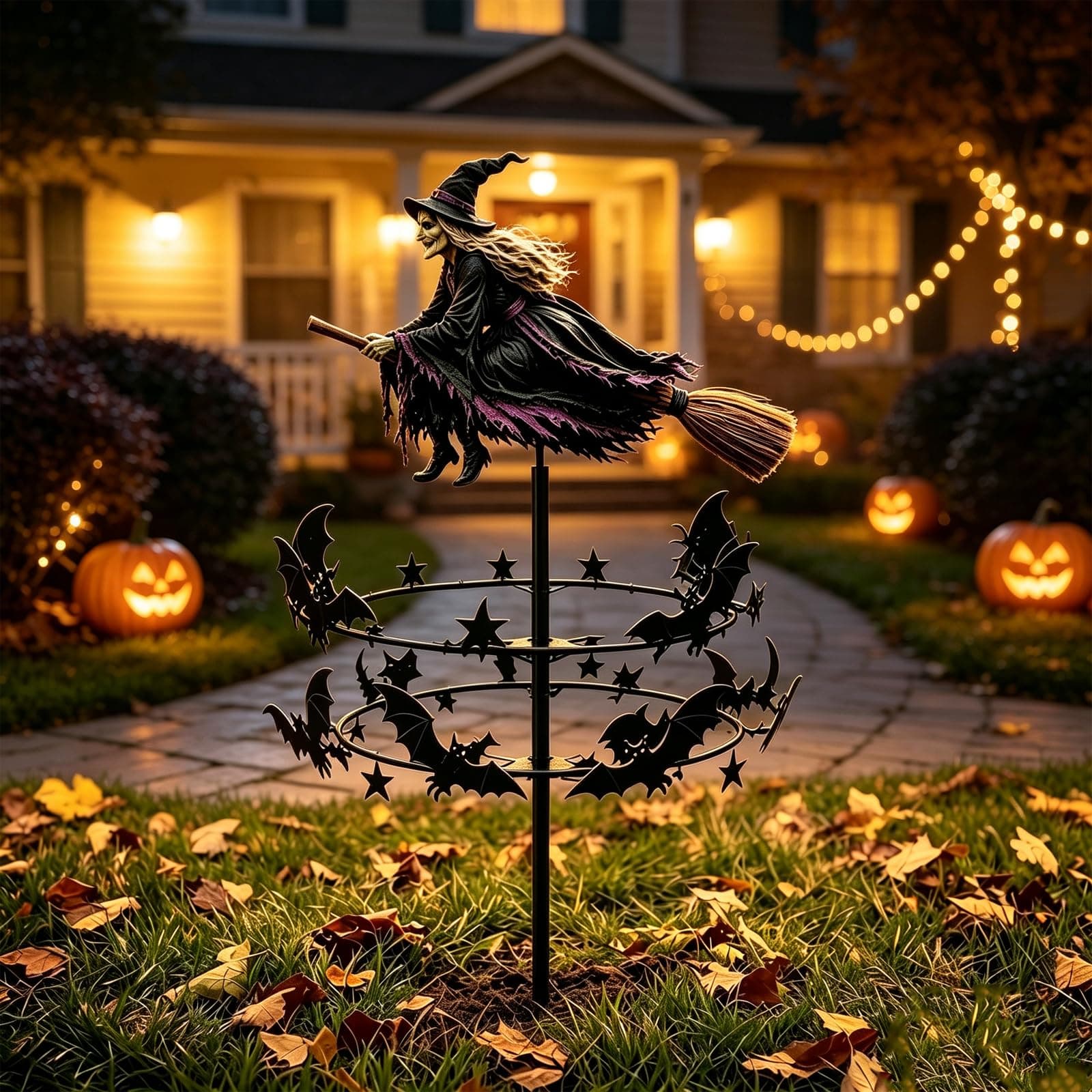 Halloween Wind Spinner Outdoor Decor, Metal Flying Witch & Bat Kinetic Sculpture, Rust-Resistant Yard Art for Lawn and Patio, Durable Fall Seasonal Garden Ornament, 1-Pack
