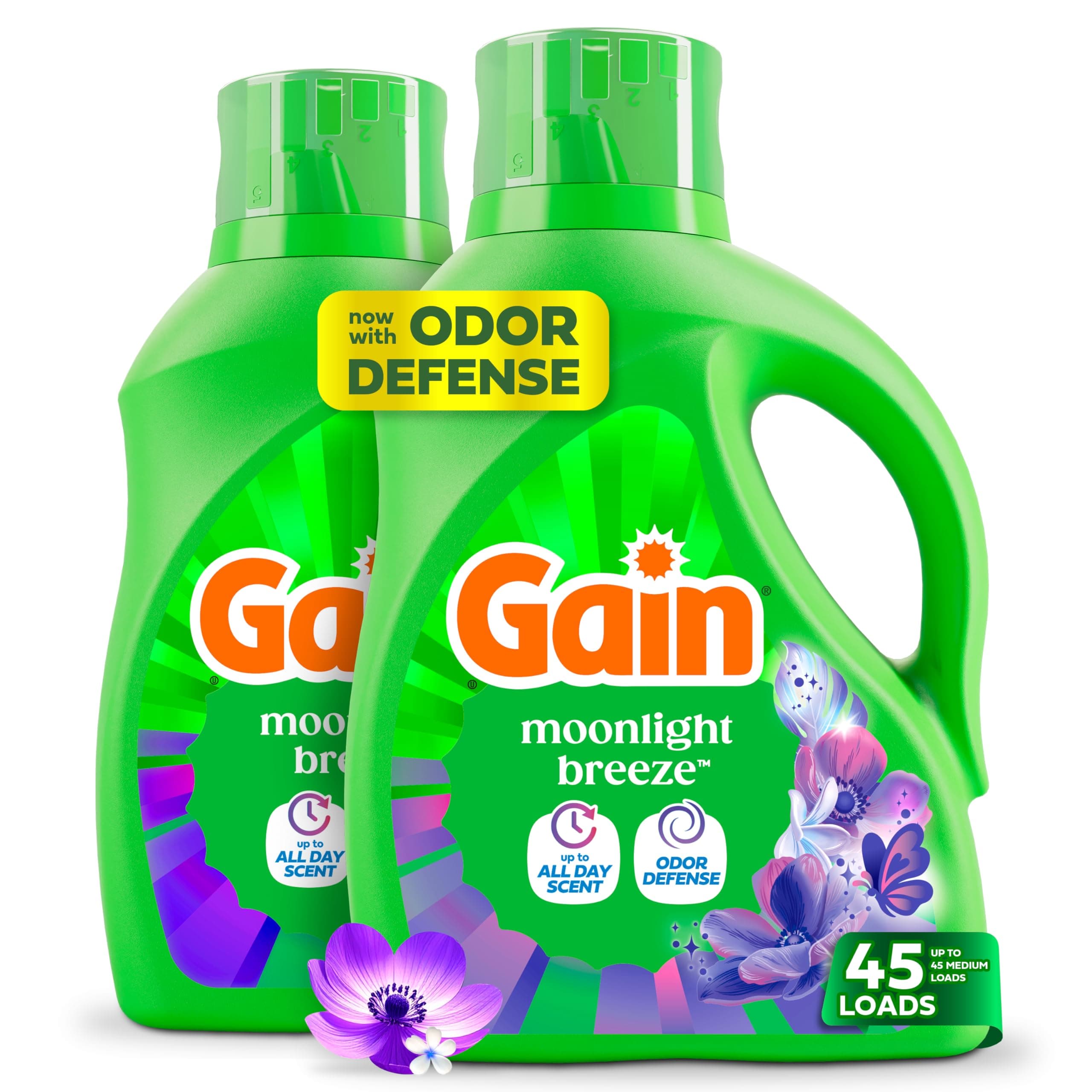 Gain Liquid Laundry Detergent, Moonlight Breeze Scent, 45 loads per bottle, 90 loads total, Freshness + Odor Fighting, Laundry Detergent Liquid Soap, HE compatible, 2 bottles of 3.84 Liters