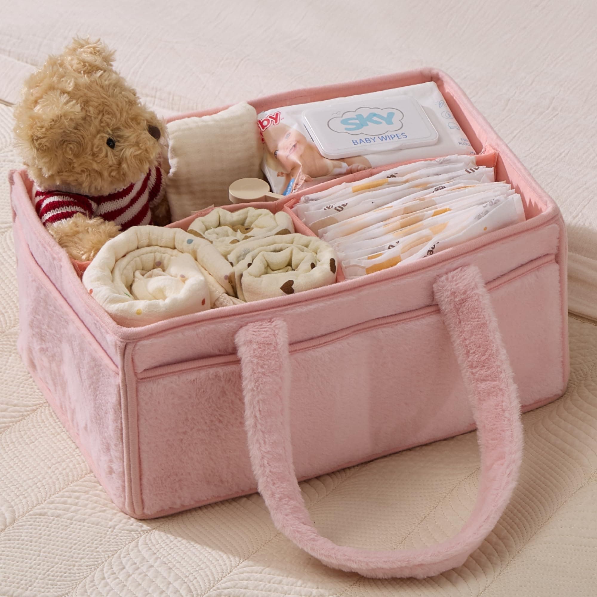 luxury little Soft Baby Diaper Caddy Organizer, Nursery Storage Basket with Removable Divider, Portable Baby Diapers Basket, Gift for New Parent, Baby Shower, Newborn Must-Have Essentials, Pink