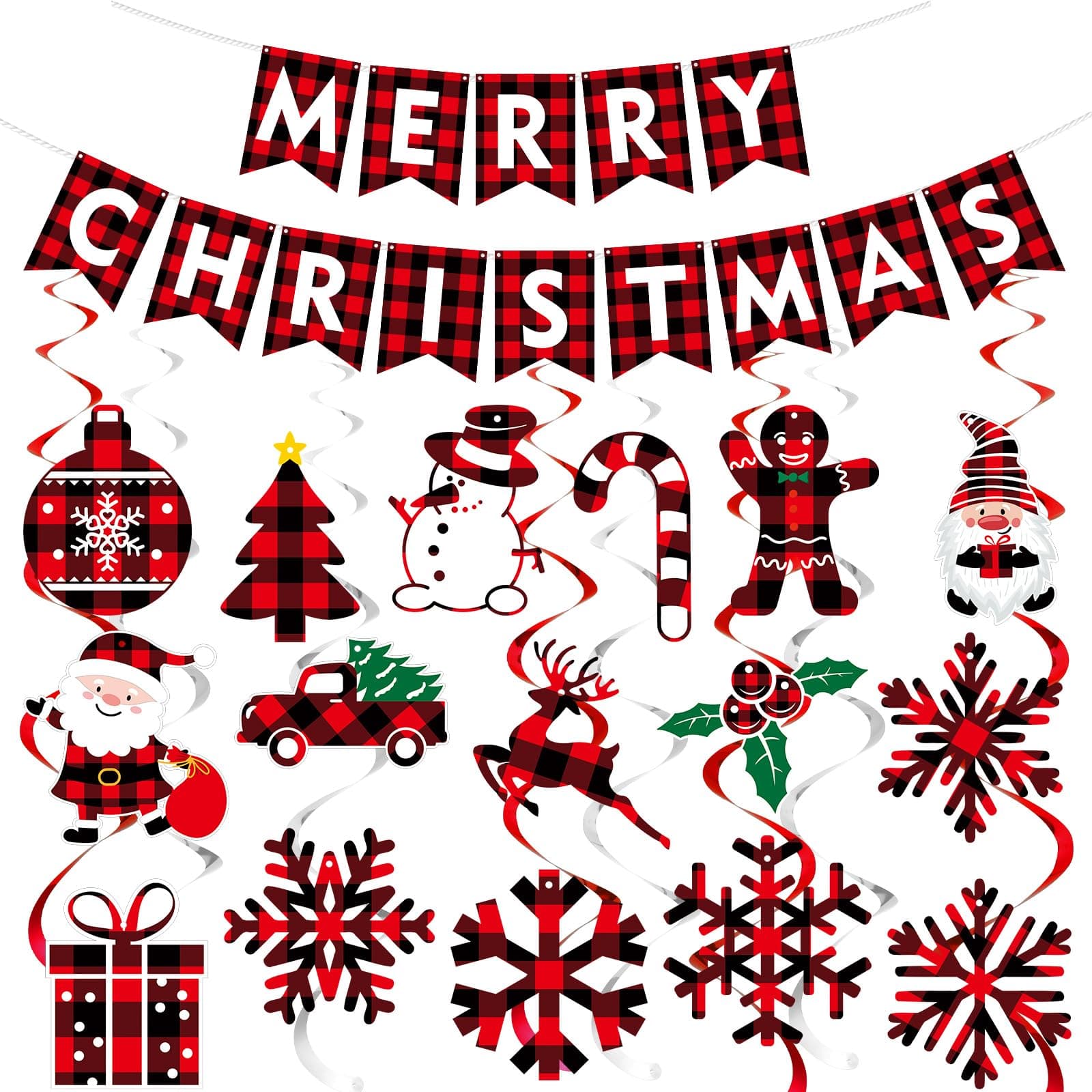 Epakh 34 Pcs Christmas Hanging Swirls Decorations Christmas Hanging Foil Swirls Buffalo Plaid Merry Christmas Banner Xmas Hanging Decorations Indoor for Office Christmas Holiday Party Decorations