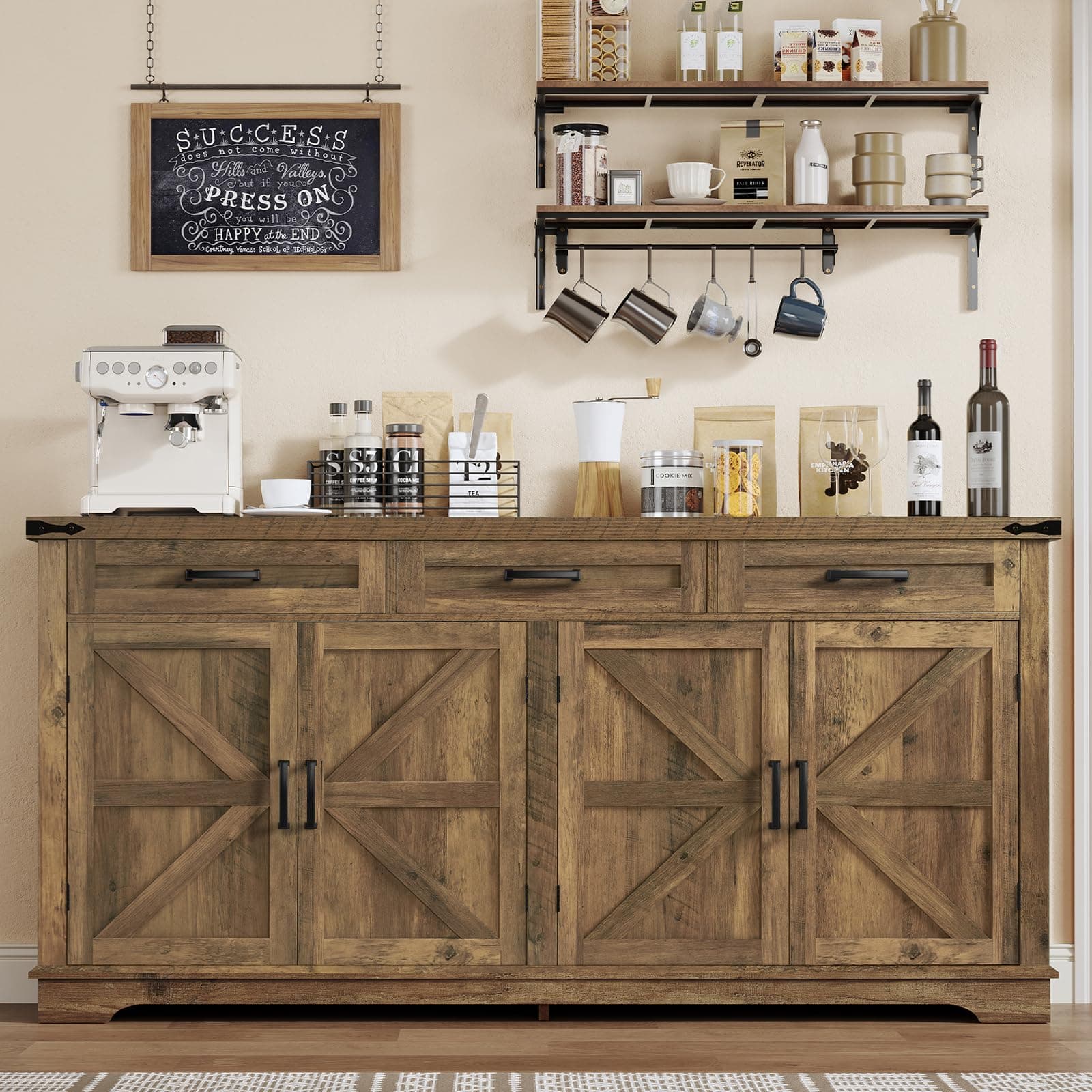 FIONESO 61" W Buffet Cabinet with 3 Large Drawers & 2 Adjustable Shelves, Farmhouse Sideboard Cabinet, Coffee Bar, TV Stand, for Kitchen, Living Room, Honey Brown, 40×155×80CM
