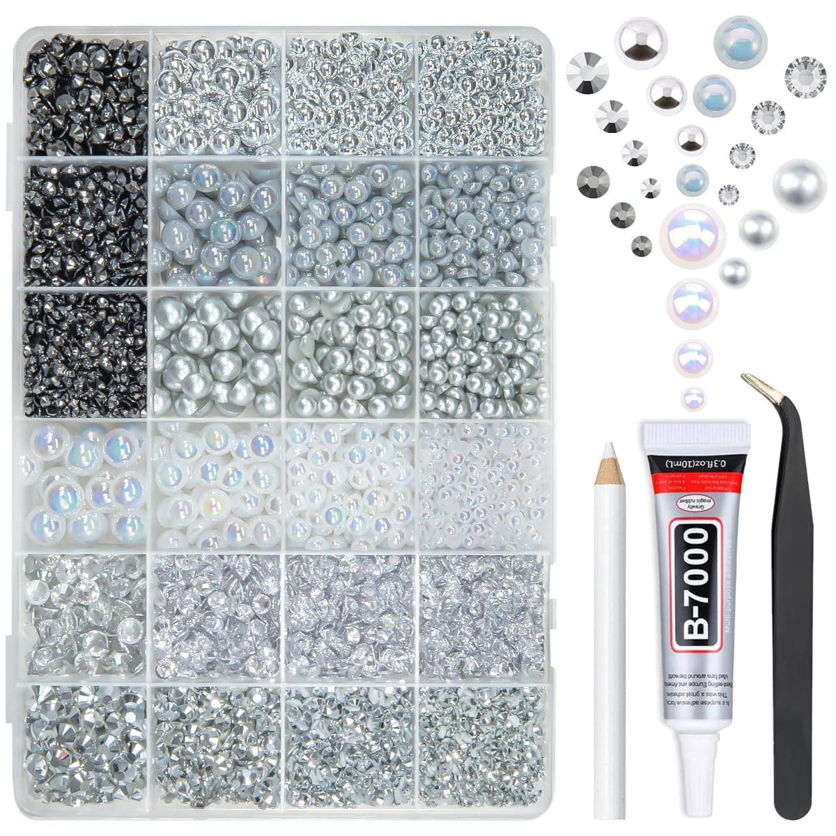 qiipii Silver 3-10mm Flatback Pearls and Rhinestones w B7000 Jewelry Glue for Bedazzling Crafting Half Pearls Resin Stones Diamonds Bedazzler Kit for Nails Face Eyes Makeup Tumblers Bottles DIY Crafts