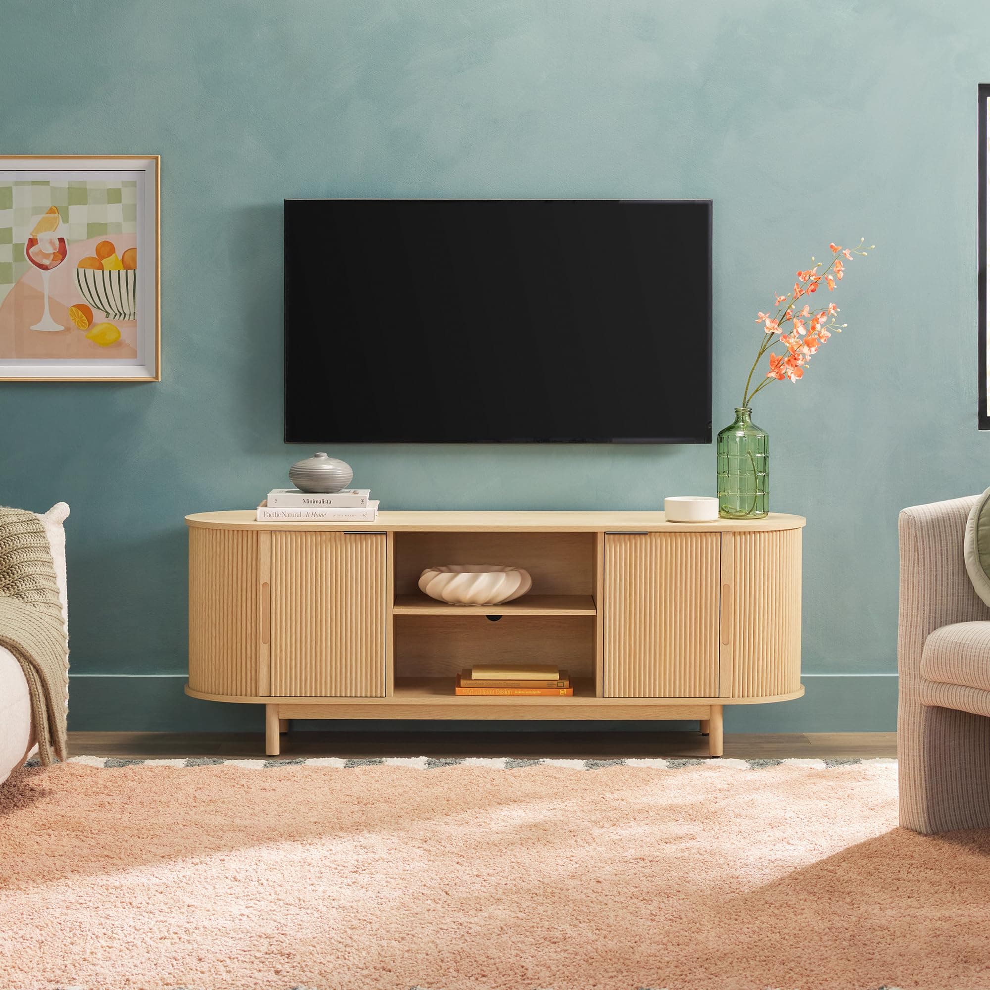 Walker Edison Chloe Curved Reeded TV Stand, Sliding Doors, 65 Inch, 60 inch, Coastal Oak