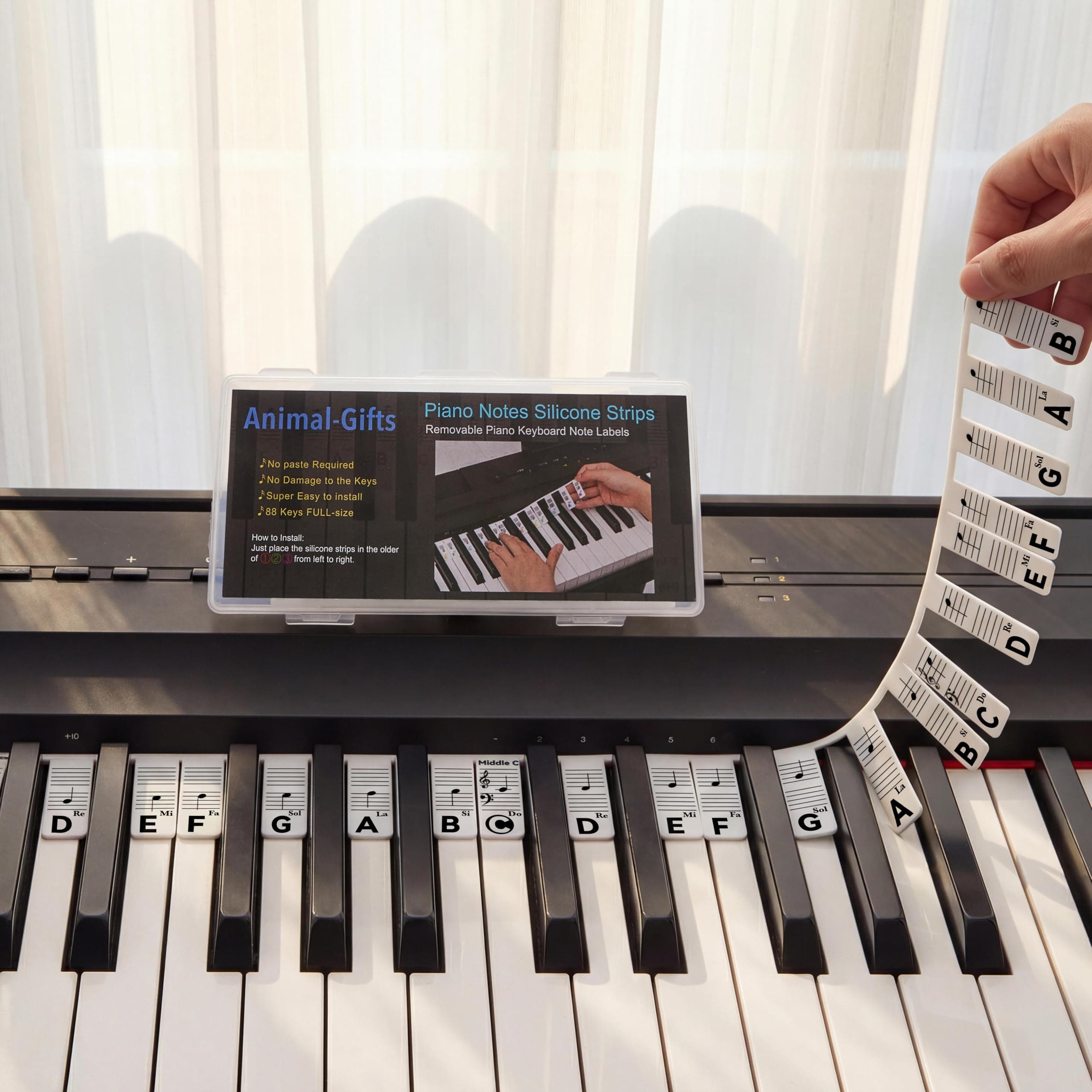 Piano Keyboard Note Labels for 88 Key Full Size, Removable Silicone Piano Note Strip with Case, No Glue Reusable Piano Letters Notes Guide for Beginners Kids Learning, Double Staff & Solfege Overlay
