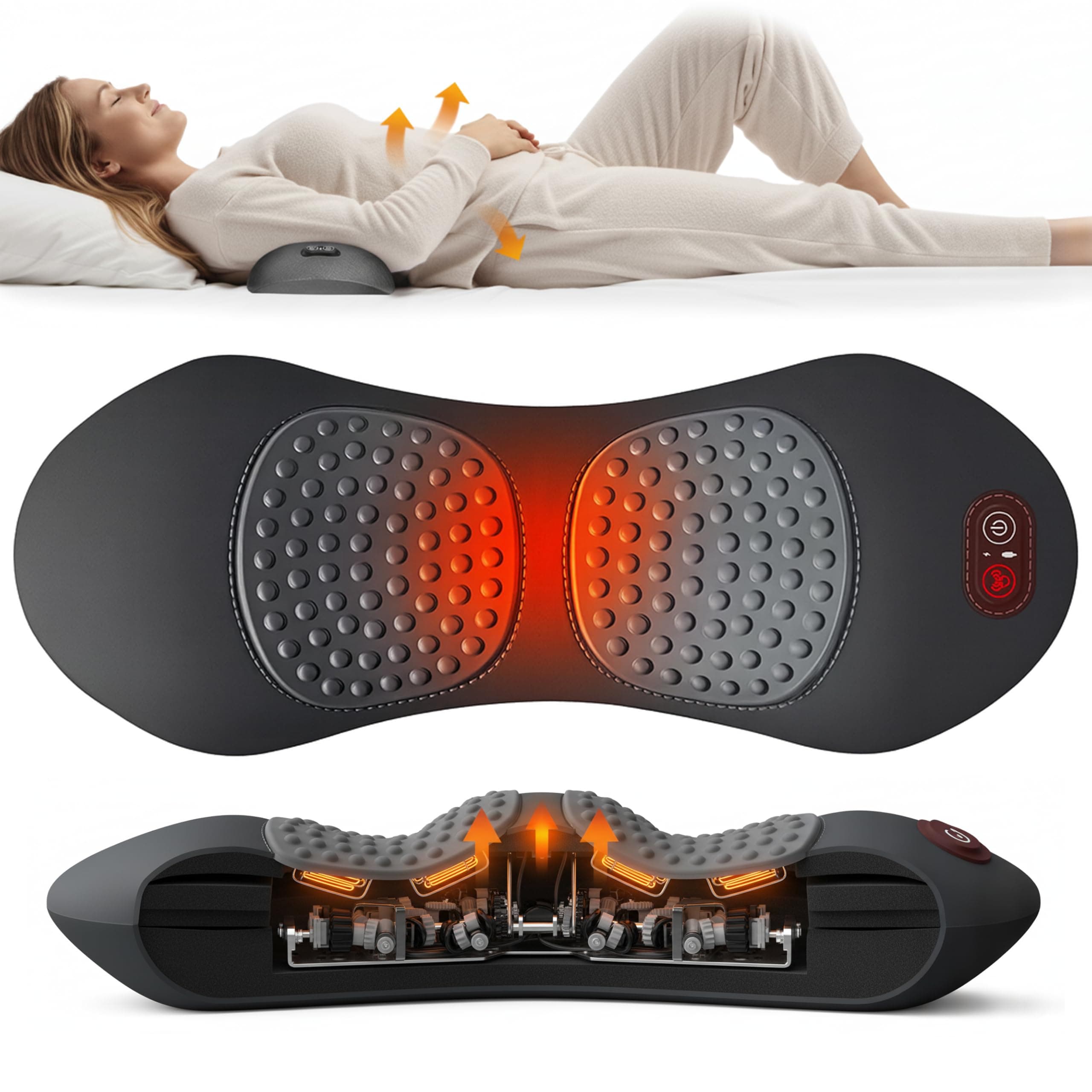 BroWood 3-in-1 Lumbar Massage Pillow with Heat, Deep Kneading Lower Back Massager, Ergonomic Heated Lumbar Support Cushion, Back Pain Relief for Office Chair, Home, Car, Gift for Men Women Seniors