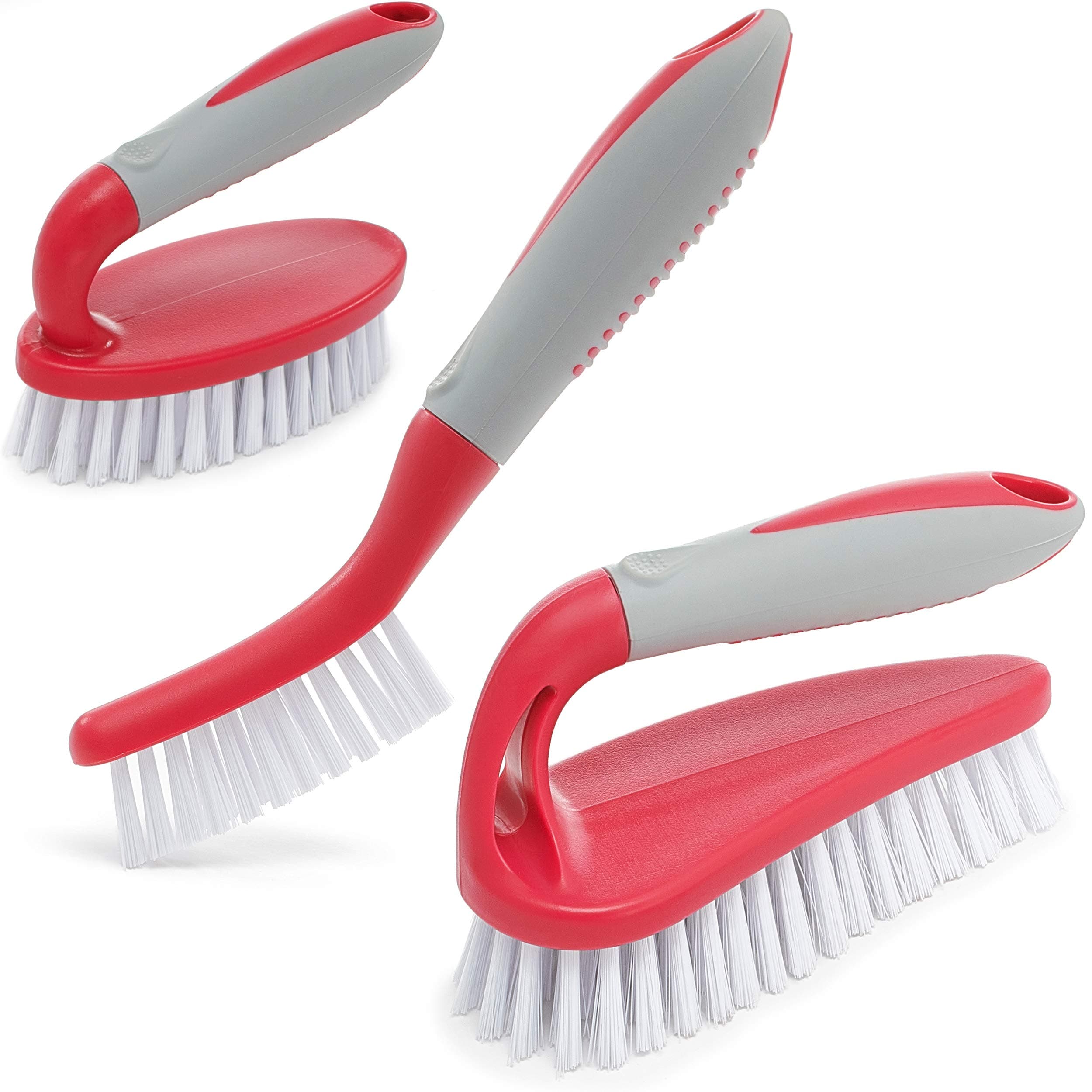 Scrub Brush Set of 3pcs - Cleaning Shower Scrubber with Ergonomic Handle and Durable Bristles - Grout Cleaner Brush - Scrub Brushes for Cleaning Bathroom, Shower, Tile, Kitchen, Floor (Red)