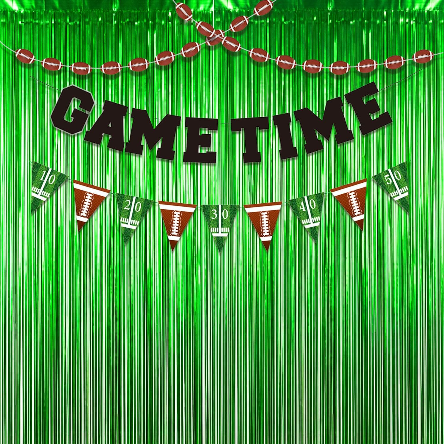 Football Party Decorations Set with Green Fringe Curtains & GAME TIME Banner – Game Day Football Decor, Football Themed Party Supplies for Birthday, Watch Party & Sports Events