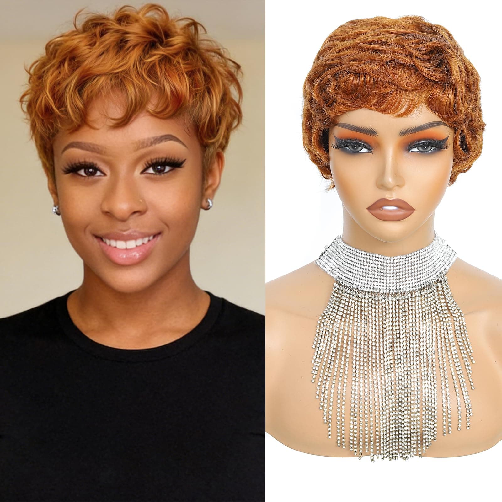 Humistwbiu Short Human Hair Wigs for Black Women Pixie Cut Wig Human Hair Brazilian Virgin Human Hair Full Made Wigs for Women Slight Curly 30# Color