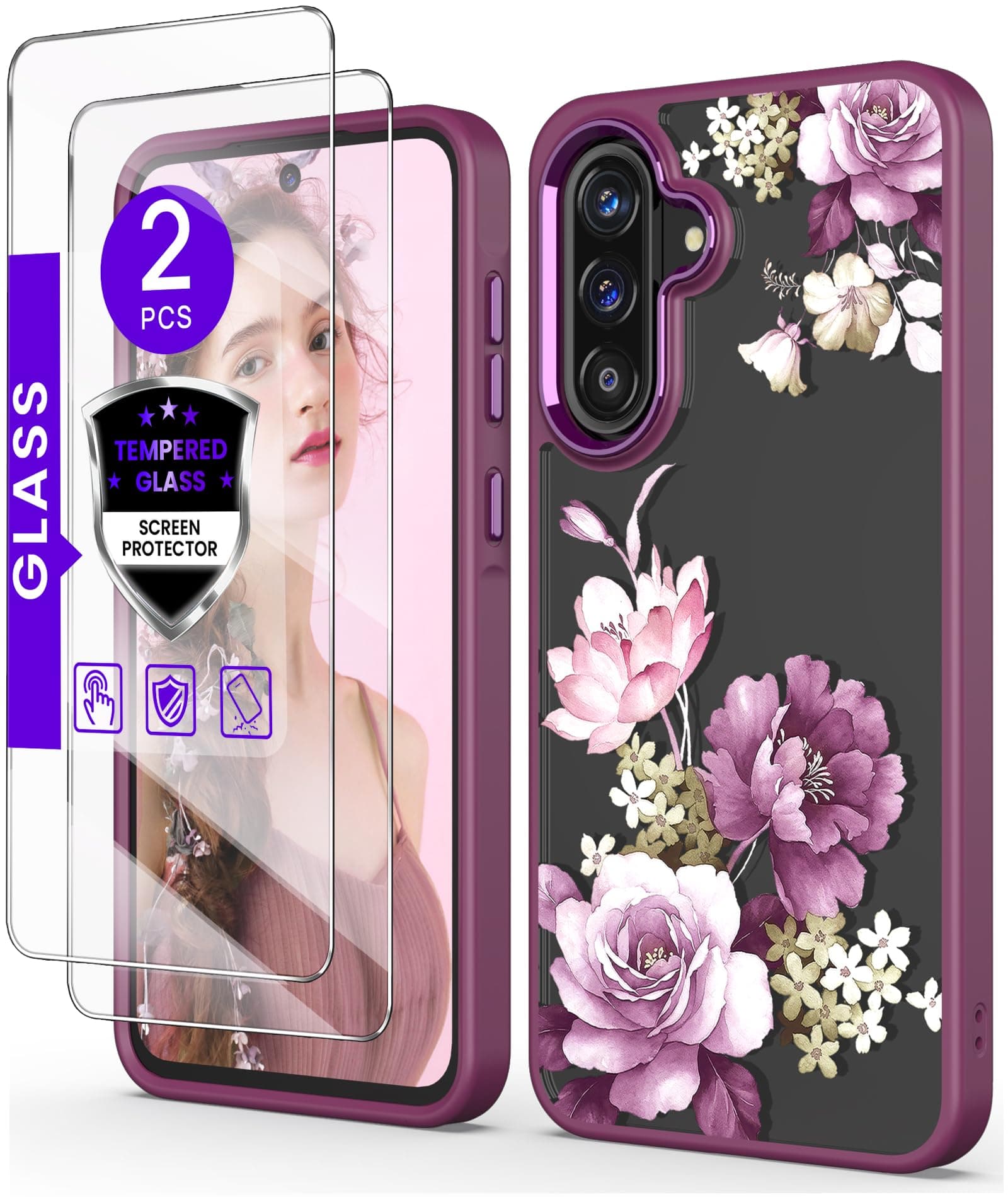 DagoRoo for Samsung Galaxy A37 5G Case+Tempered Glass Screen Protector,Military Grade Protective Slim Soft TPU + Hard PC,Girls Women Crystal Clear Flower Pattern Cover for Galaxy A37 5G-Purple