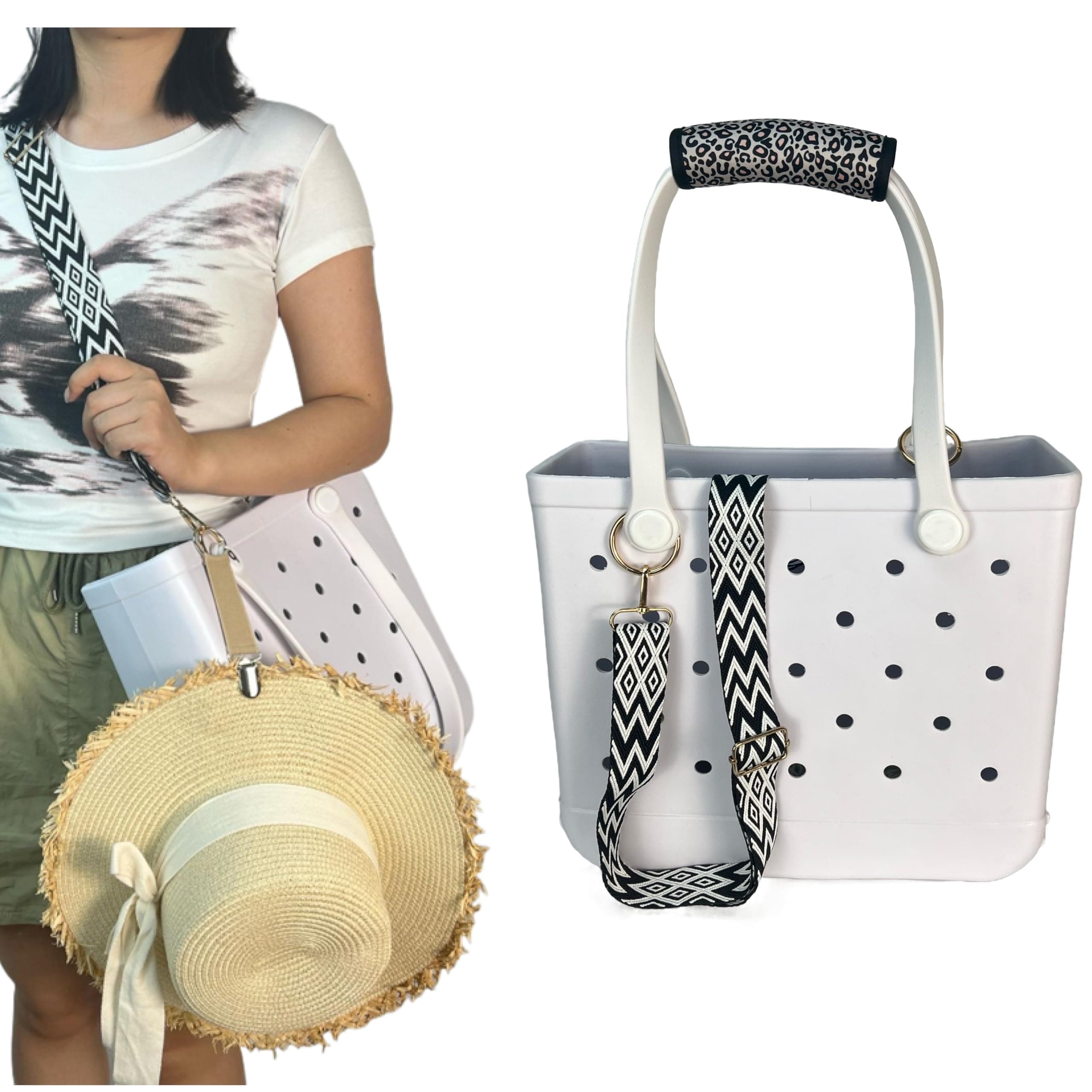 Crossbody Strap For Bogg Bag Accessories With Hat Clip Handle Wrap Sets Also For Simply Southern Rubber Beach Tote Bag, Black-white, Large