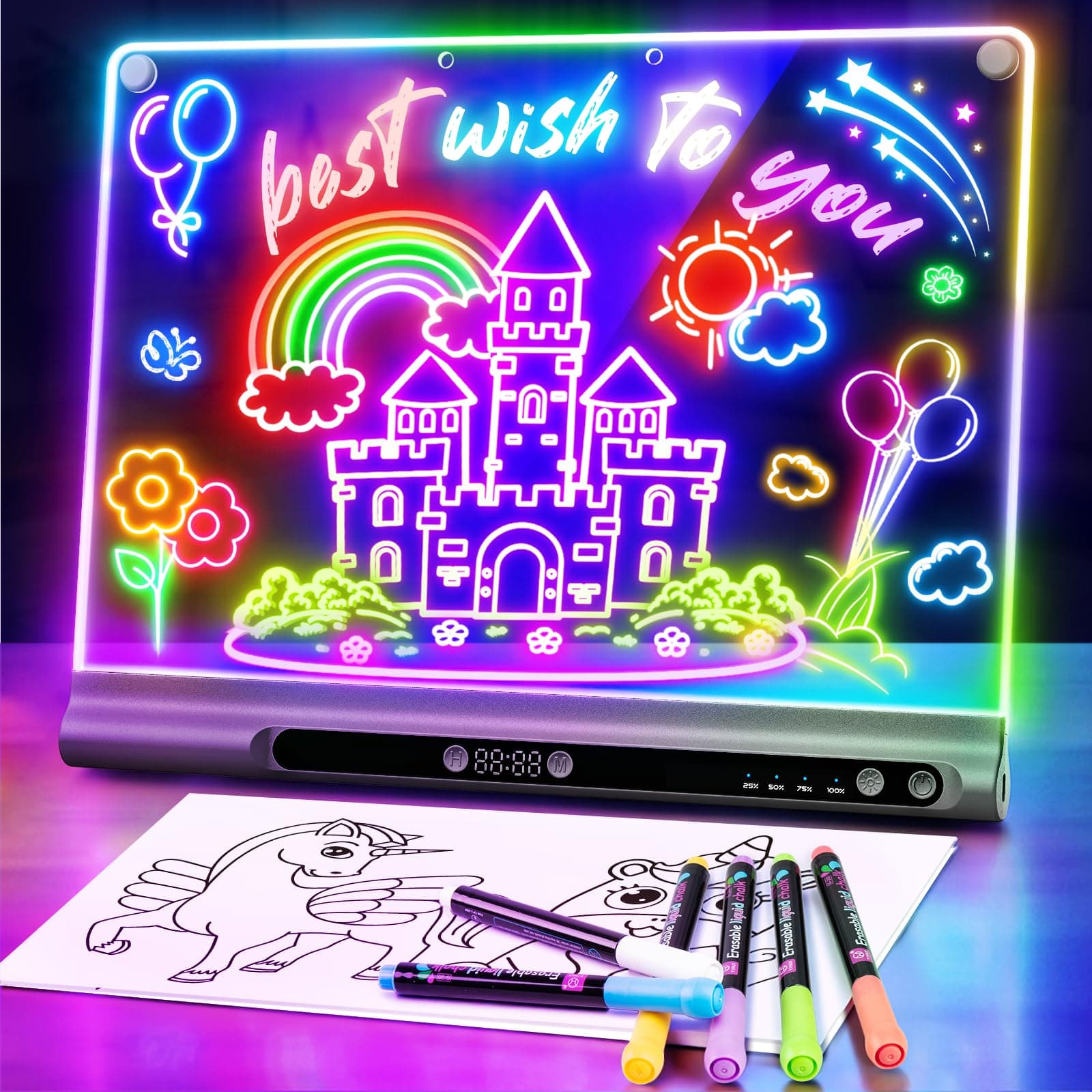 16" Rechargeable LED Drawing Board for Kids, 9 Neon Colors Light Up Dry Erase Art Board with Timer & Built-in Stand, Includes 6 Markers + Tracing Book, Glow Doodle Pad Gift for Kids, Girls & Teens