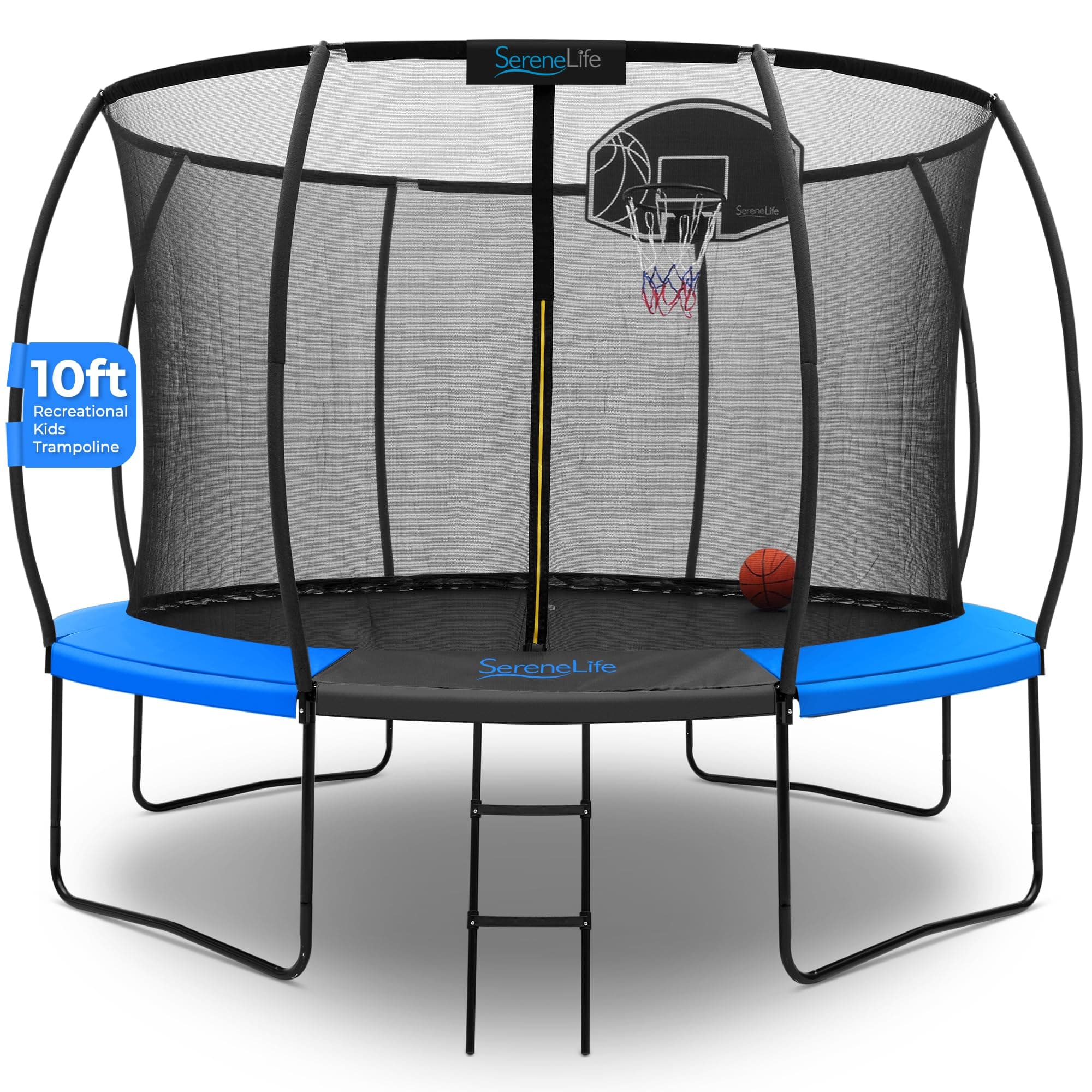 SereneLife 10ft Trampoline for Kids - Outdoor Recreational Backyard Trampoline with Net Enclosure, Curved Safety Poles, UV-Tested Mat, 64 Galvanized Springs, Water-Resistant Padding, Up to 330 lbs.