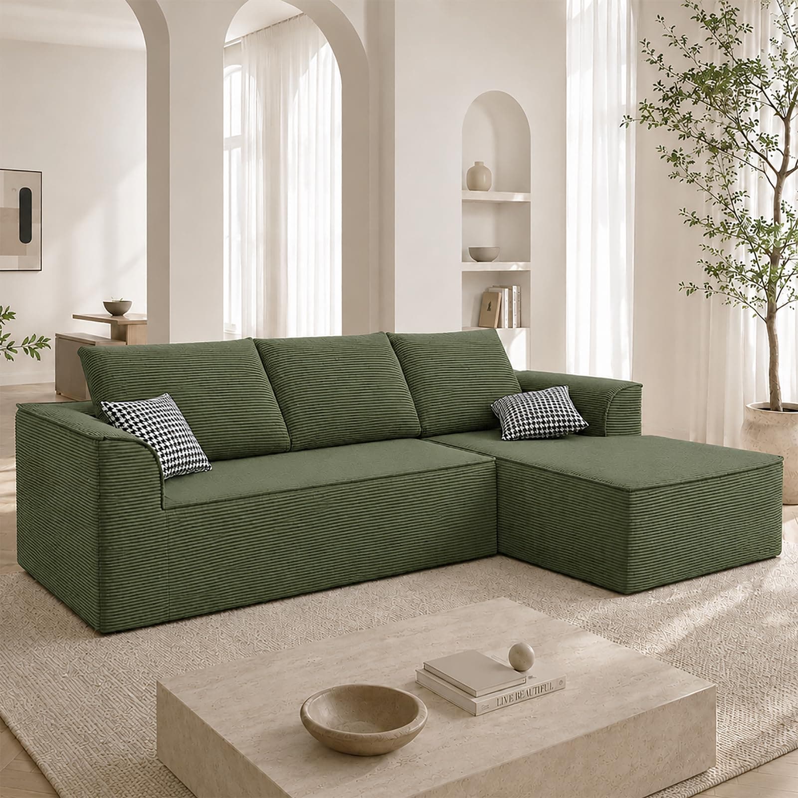 Three Person Corner Sofa Made of Corduroy Fabric, Suitable for use in Apartments and Living Rooms, Compressed and Packaged for Easy Access Upstairs (Green, 270CM Left Noble Consort Sofa)