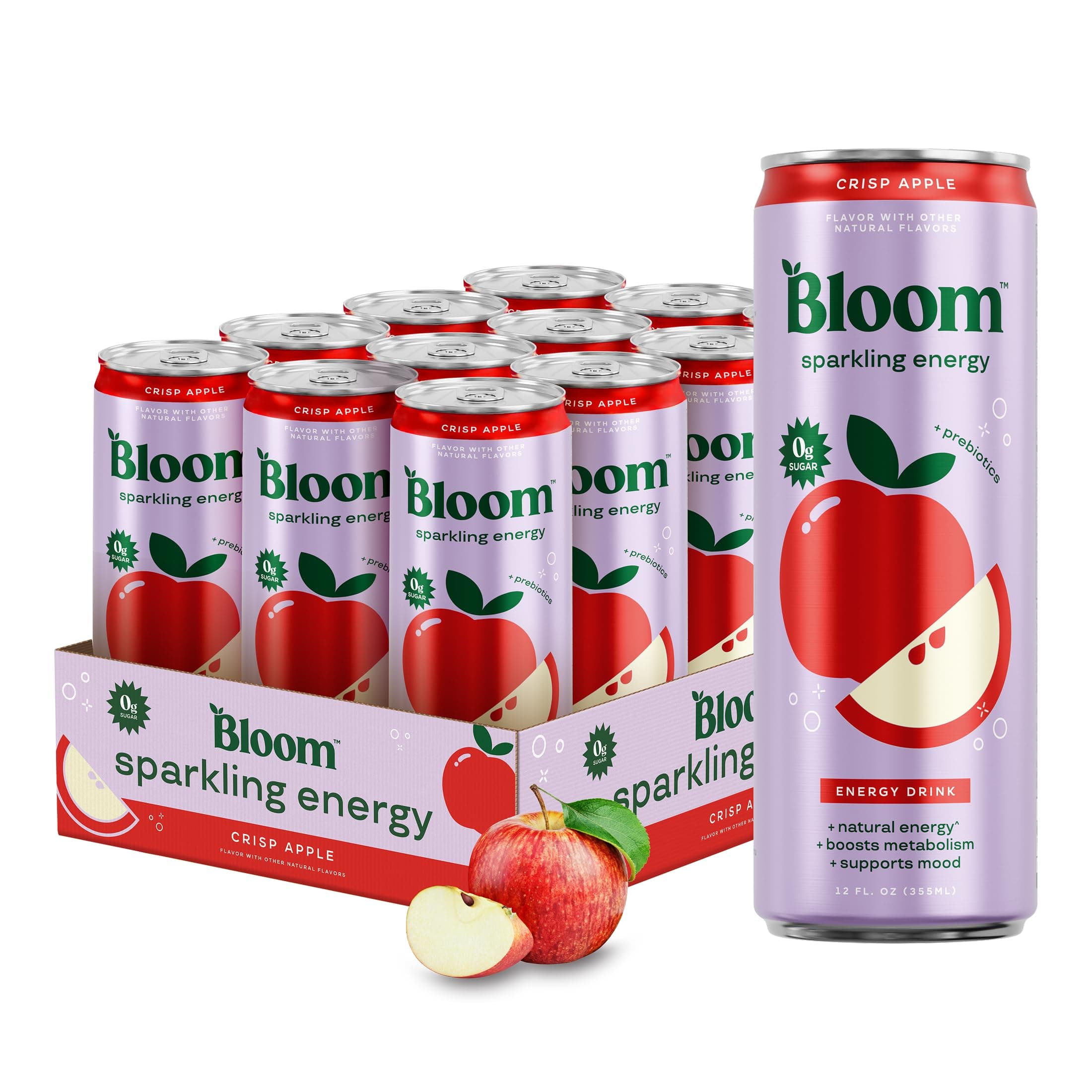Bloom Nutrition Zero Sugar Energy Drink, Apple Crisp, 12oz 12pk