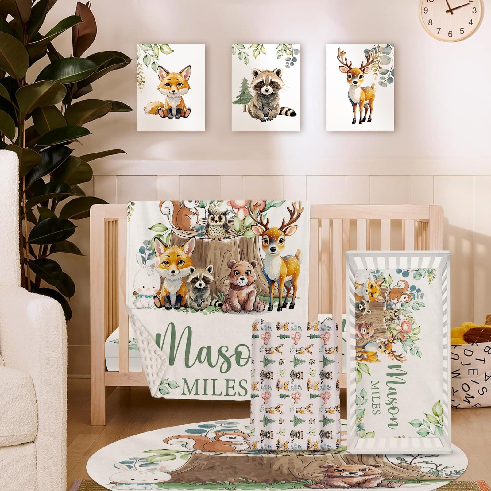 YISMEET Personalized Baby Crib Bedding Set for Baby Boys Girls, Animal Stump Pattern Custom Name Baby Crib Sets 5-Pcs, Toddler Double Layer Blanket Fitted Sheets Changing Pad Cover Rug Wall Art Set