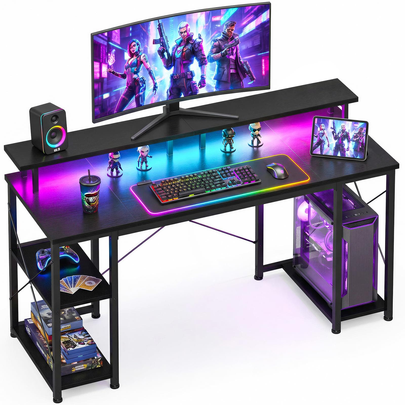 ODK Gaming Desk with Led Lights & Power Outlet, 48 Inch Gaming Computer Desk with Storage Shelves, PC Desk with Monitor Stand, Gamer Desk Table for Home Office, Black